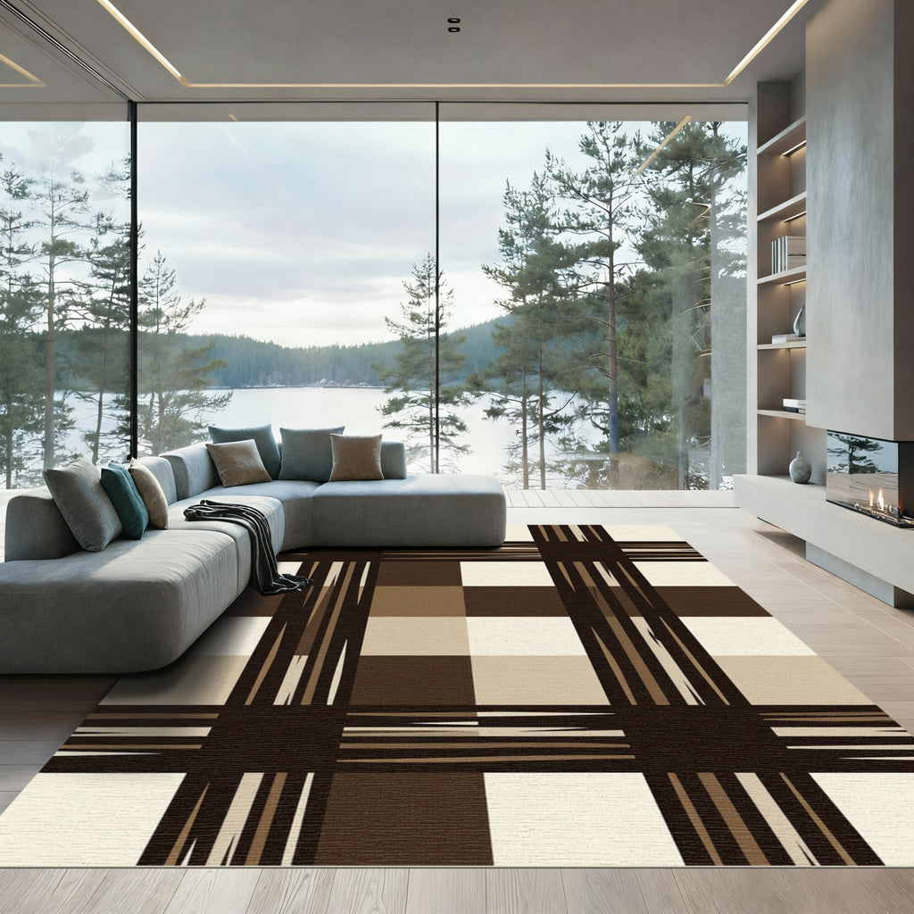 Deep Brown Tan Plaid Squares Rug