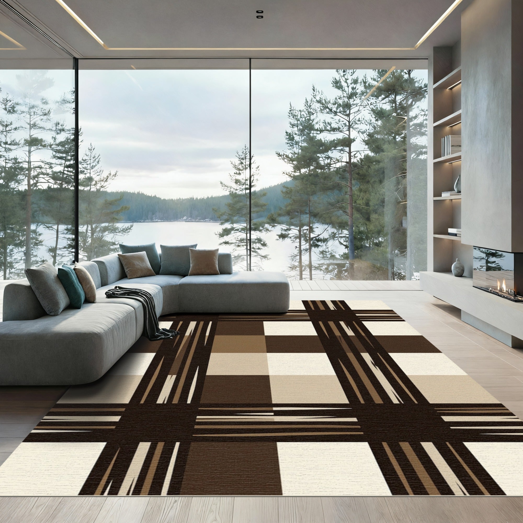 Deep Brown Tan Plaid Squares Rug
