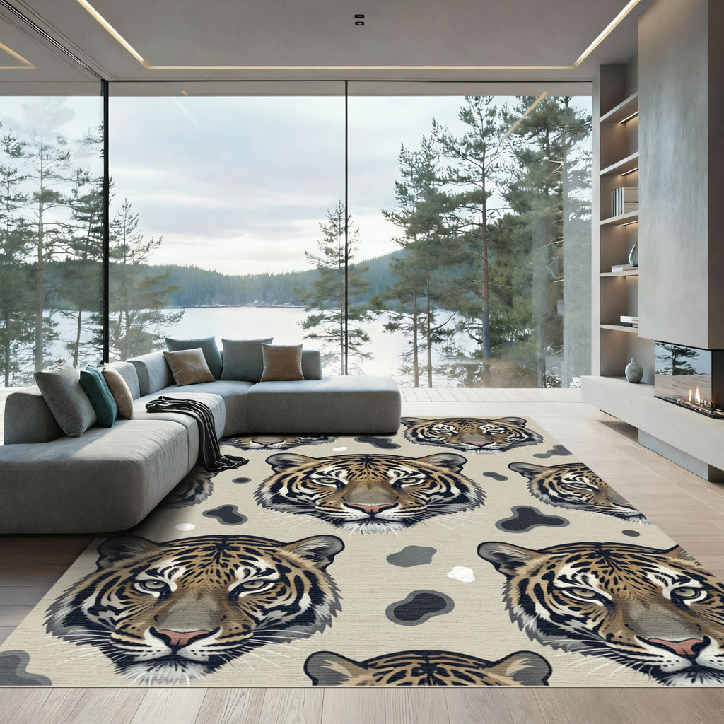 Beige Tiger Face Spotted Animal Art Rug