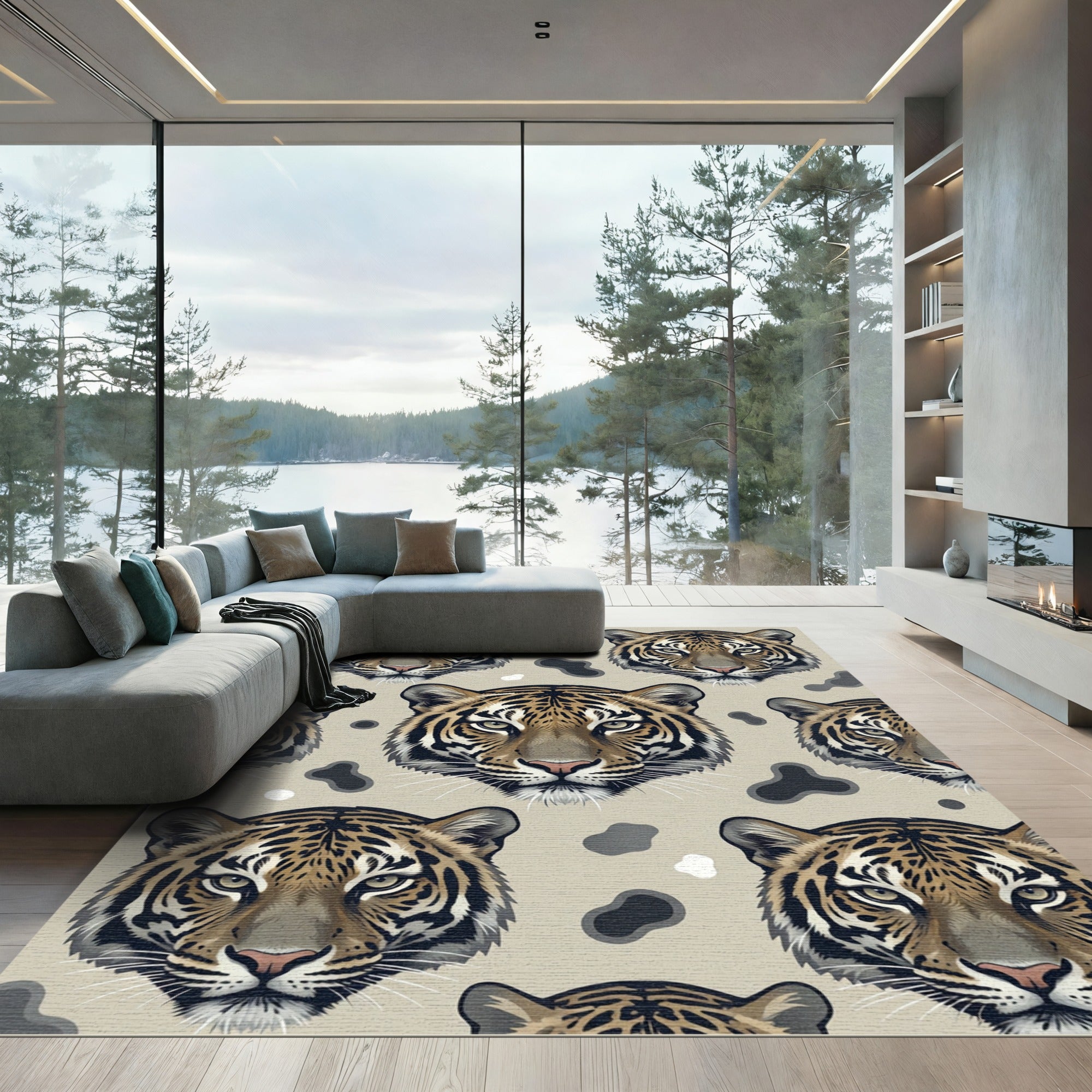 Beige Tiger Face Spotted Animal Art Rug