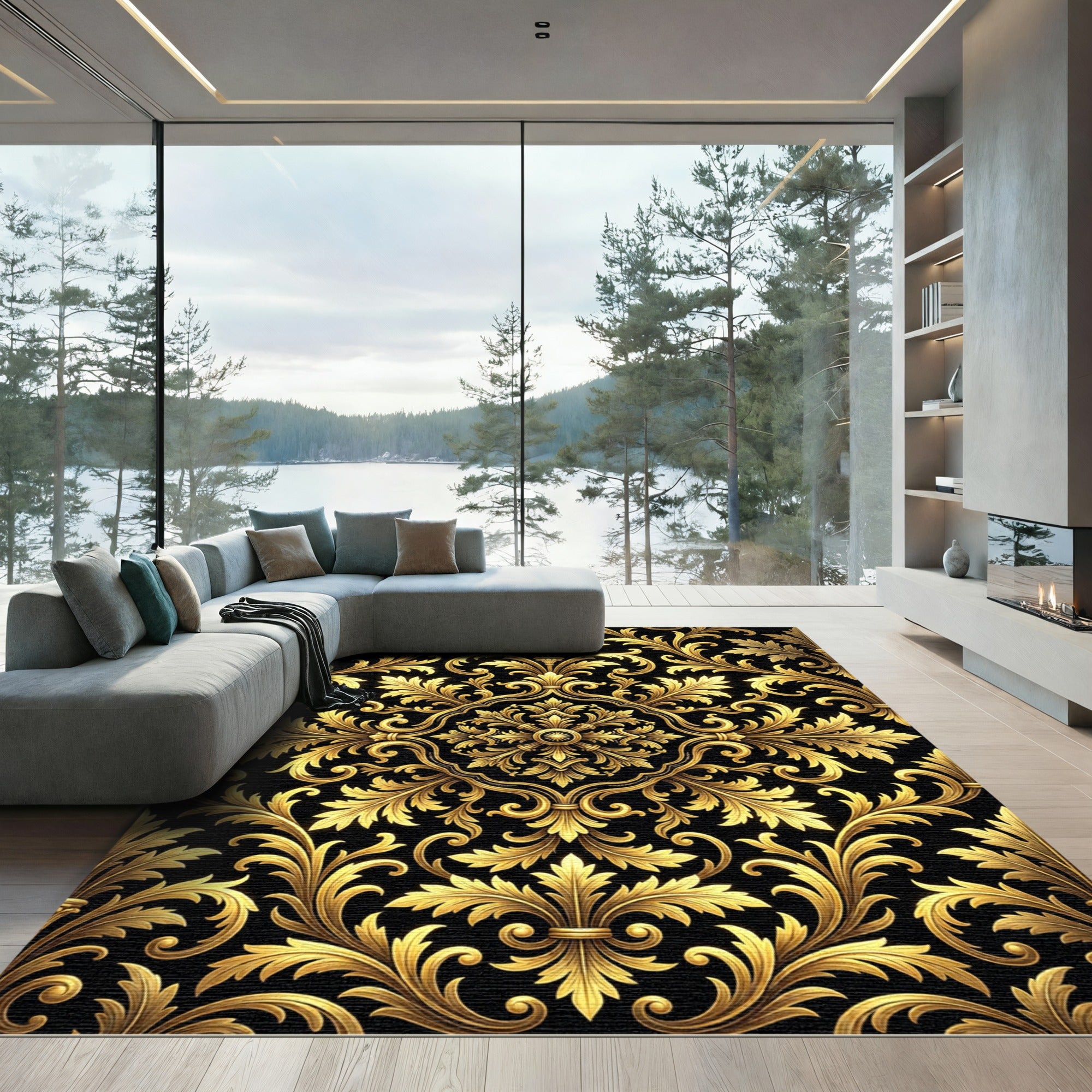 Opulent Gold Baroque Filigree Scroll Rug