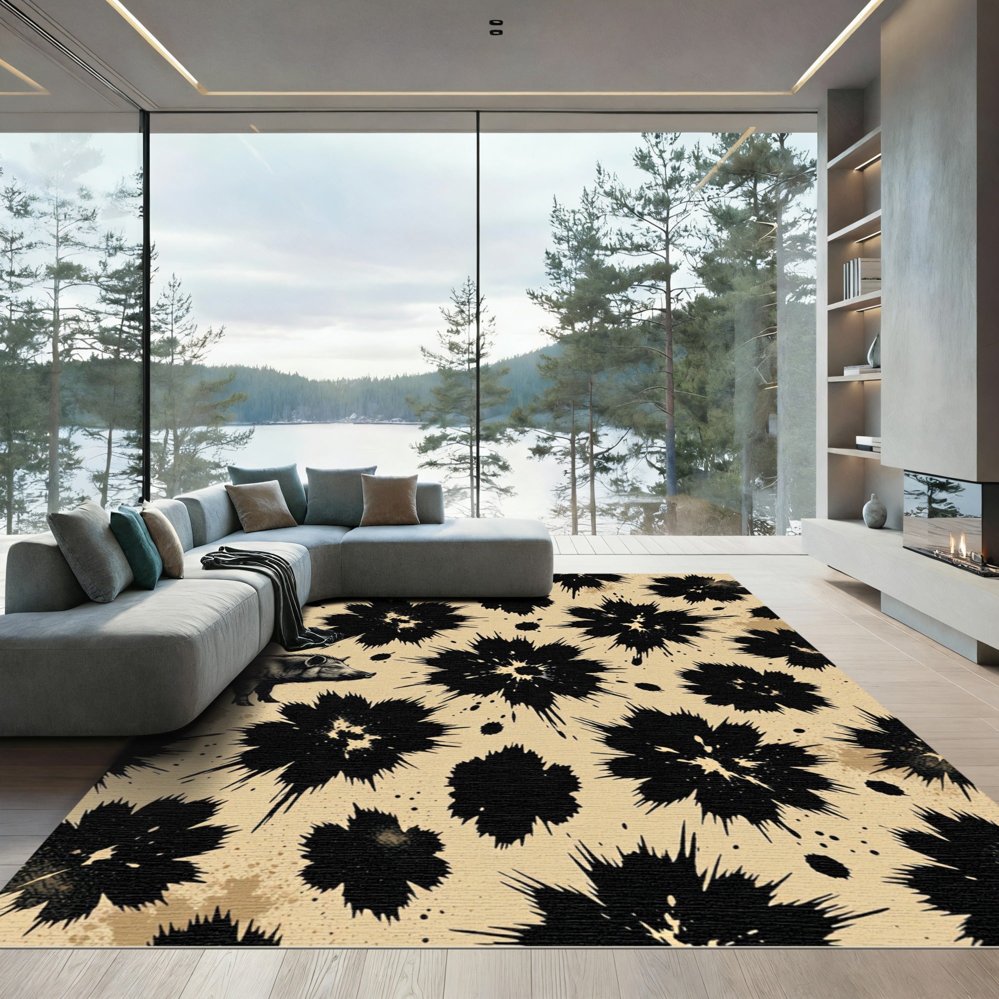 Rustic Black Splatter Flower Pig Rug