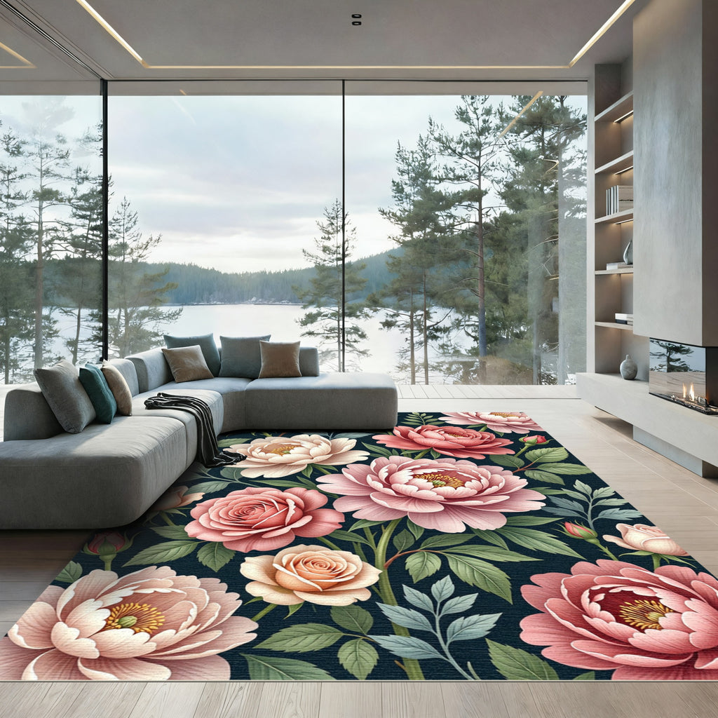 Pink Roses Peonies Garden Dark Background Rug