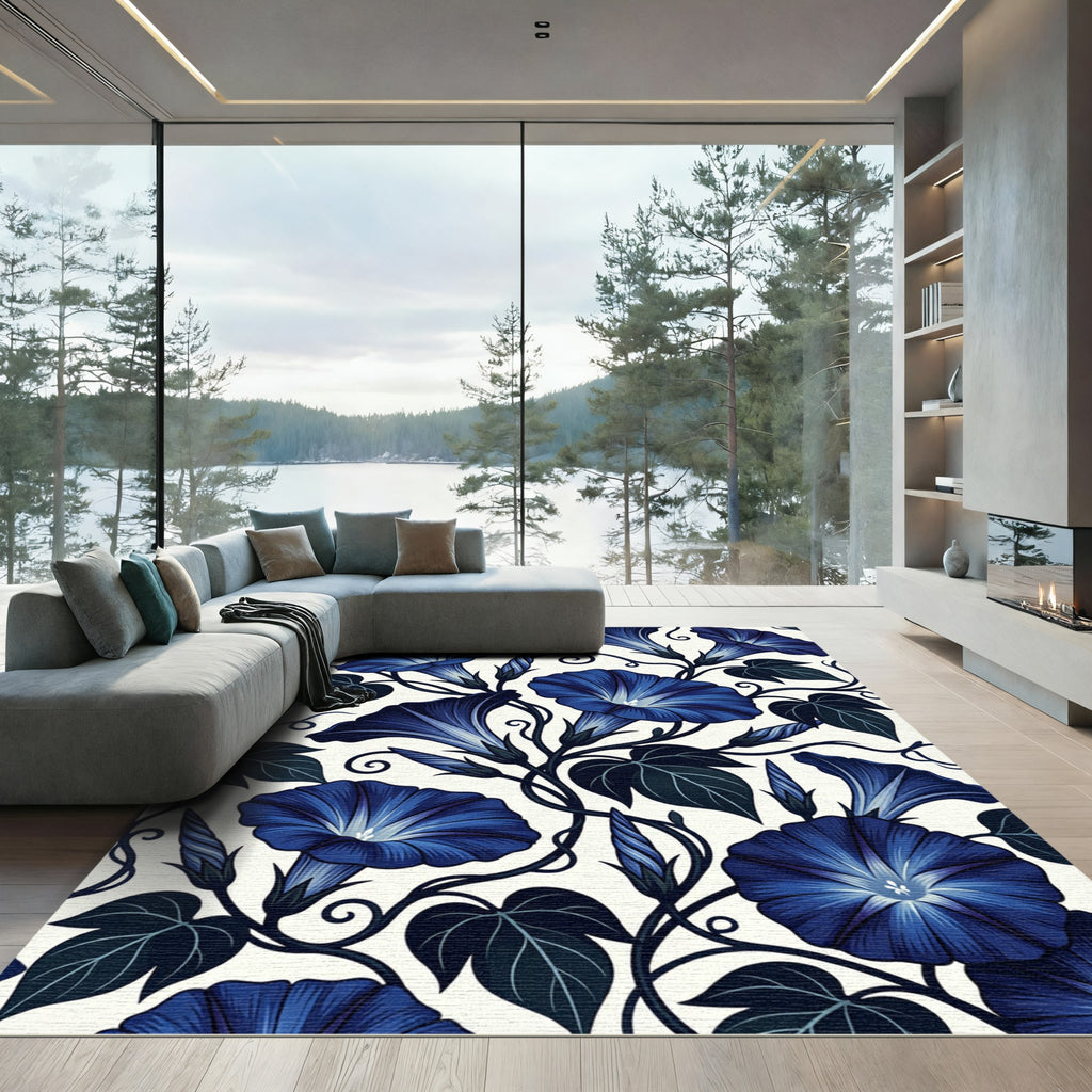 Navy Blue Morning Glory Floral Vine Rug