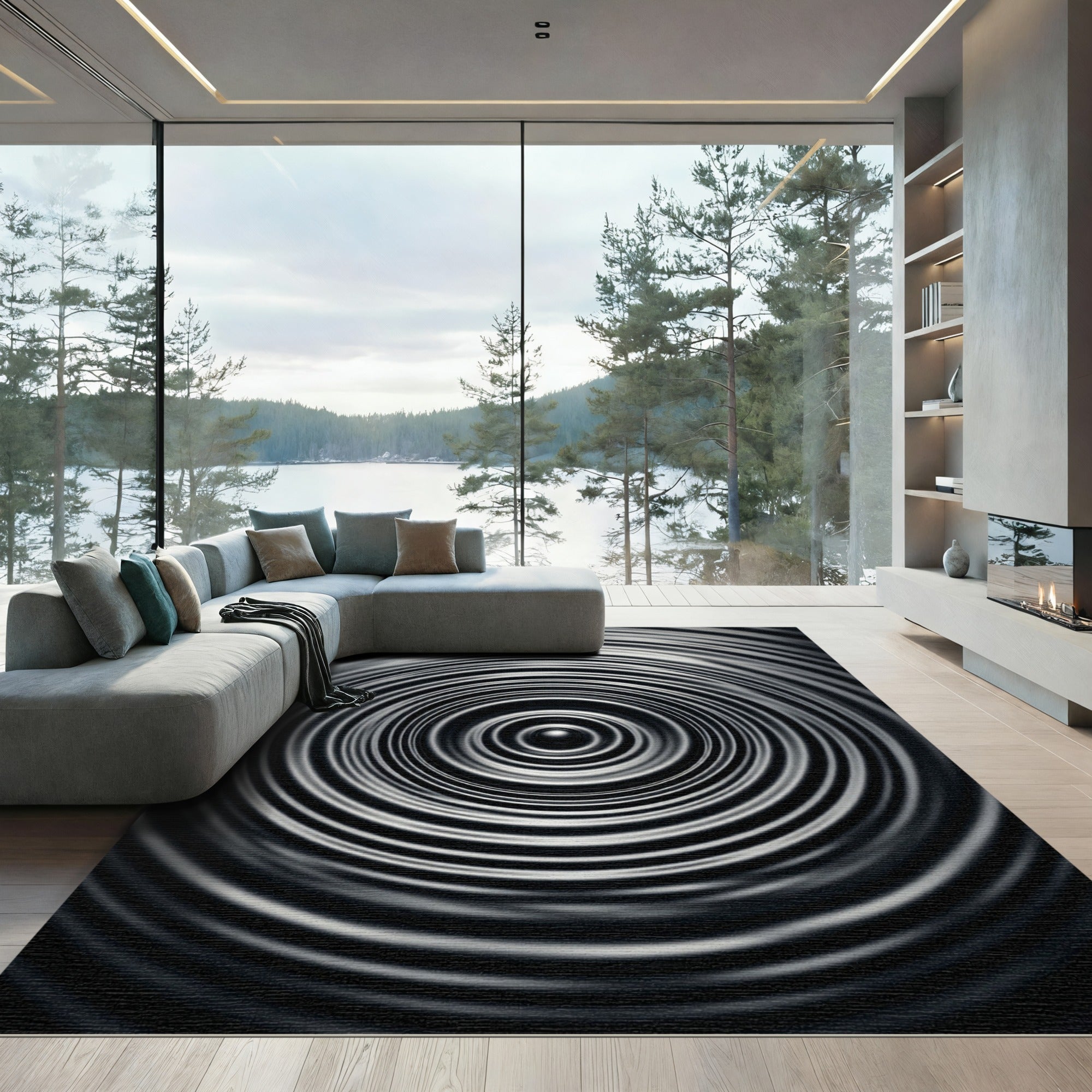 Charcoal Gray Concentric Circles Rug
