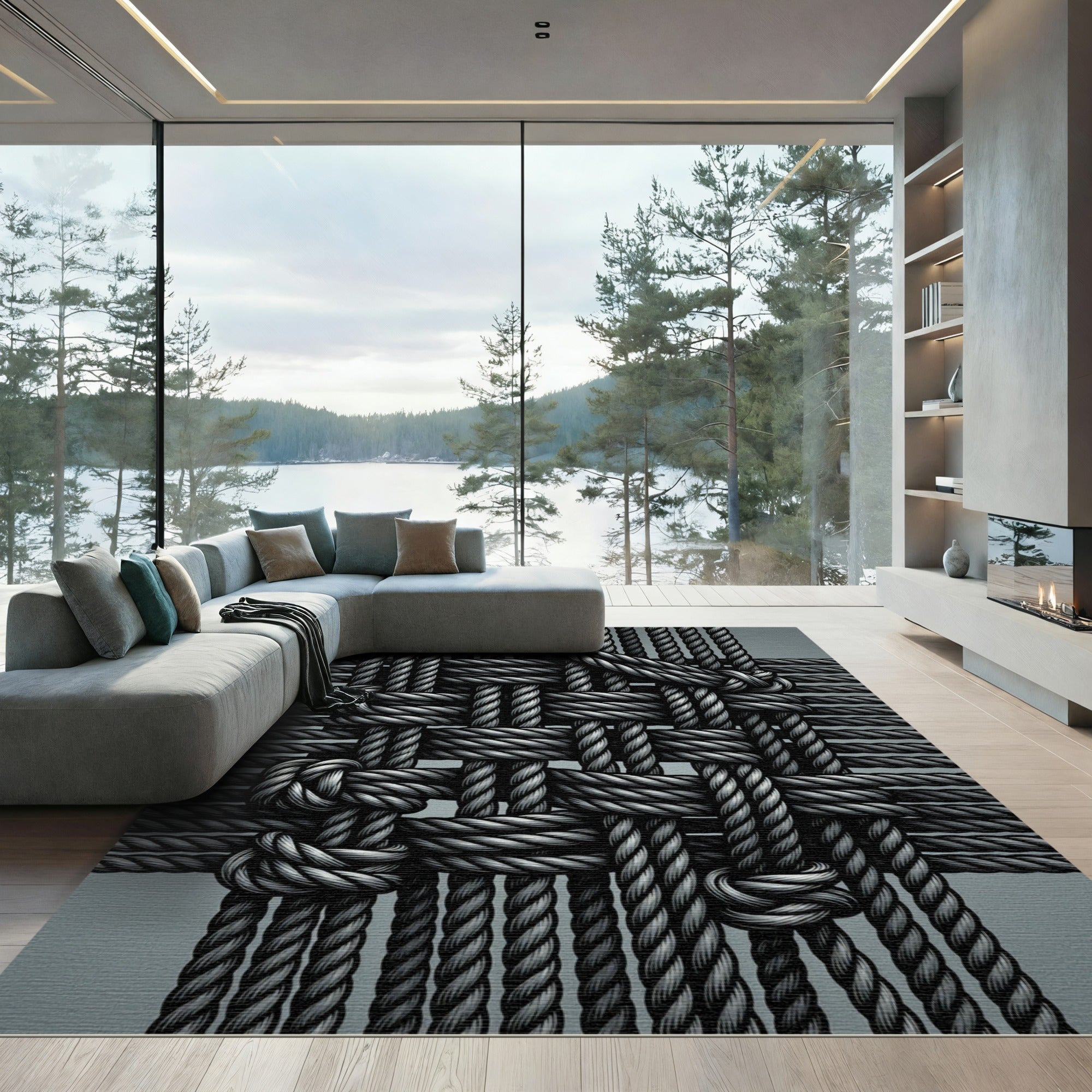 Gray Rope Weave Knotted Pattern Rug