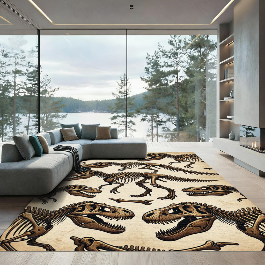 Vintage Beige T-Rex Dinosaur Fossil Rug