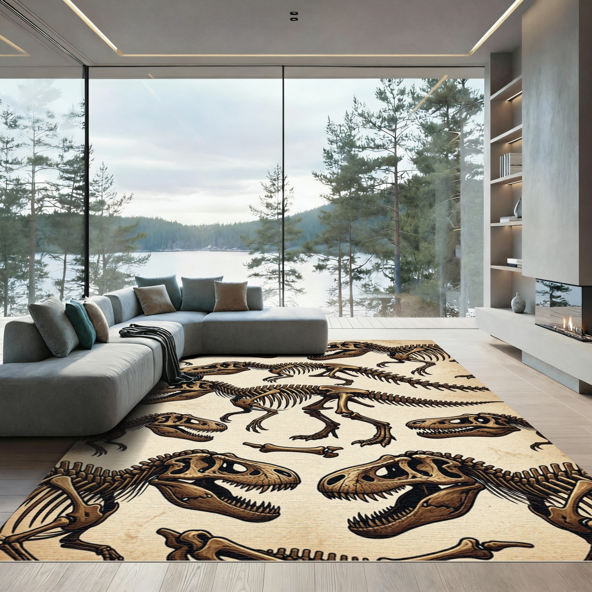 Vintage Beige T-Rex Dinosaur Fossil Rug