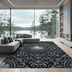 Ornate Silver Damask Circular Medallion Rug