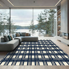 Dark Navy Cream Grid Checkered Weave Rug