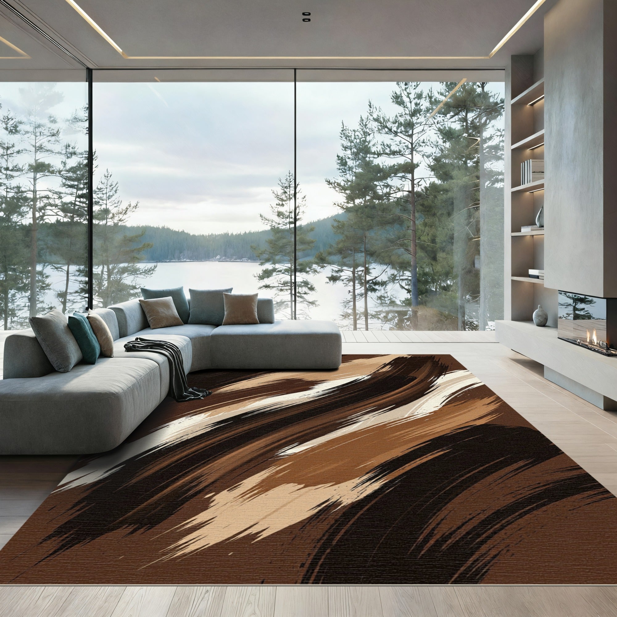 Earthy Brown Abstract Brushstroke Wave Rug