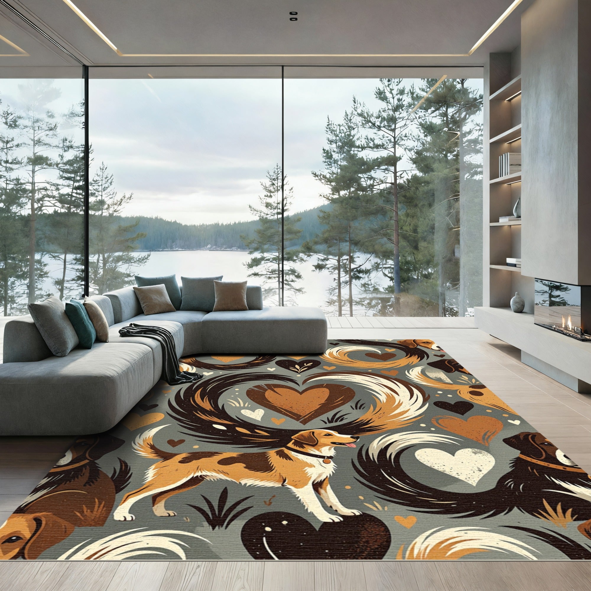 Sweet Hearts and Loyal Dog Illustration Rug