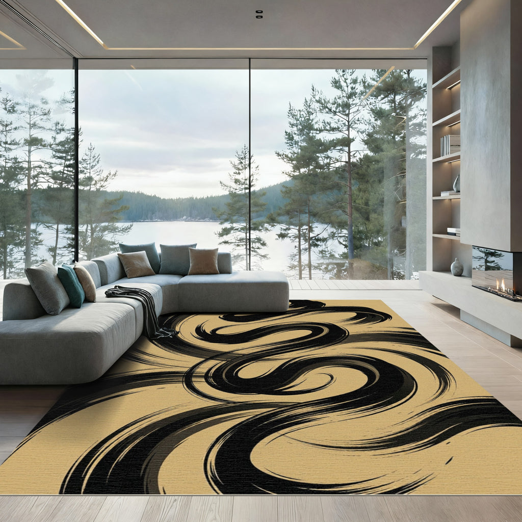 Abstract Organic Black Swirl Gold Rug