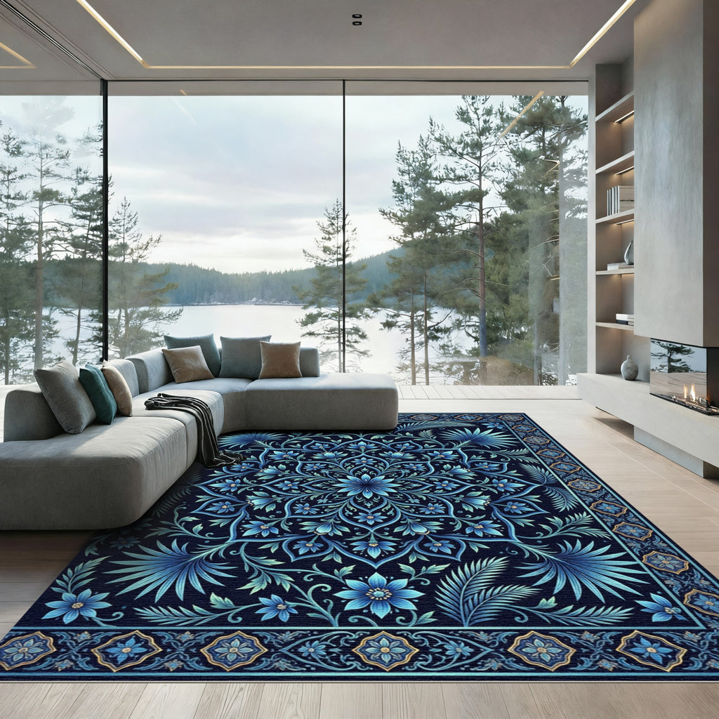 Elegant Indigo Floral Mandala Medallion Rug