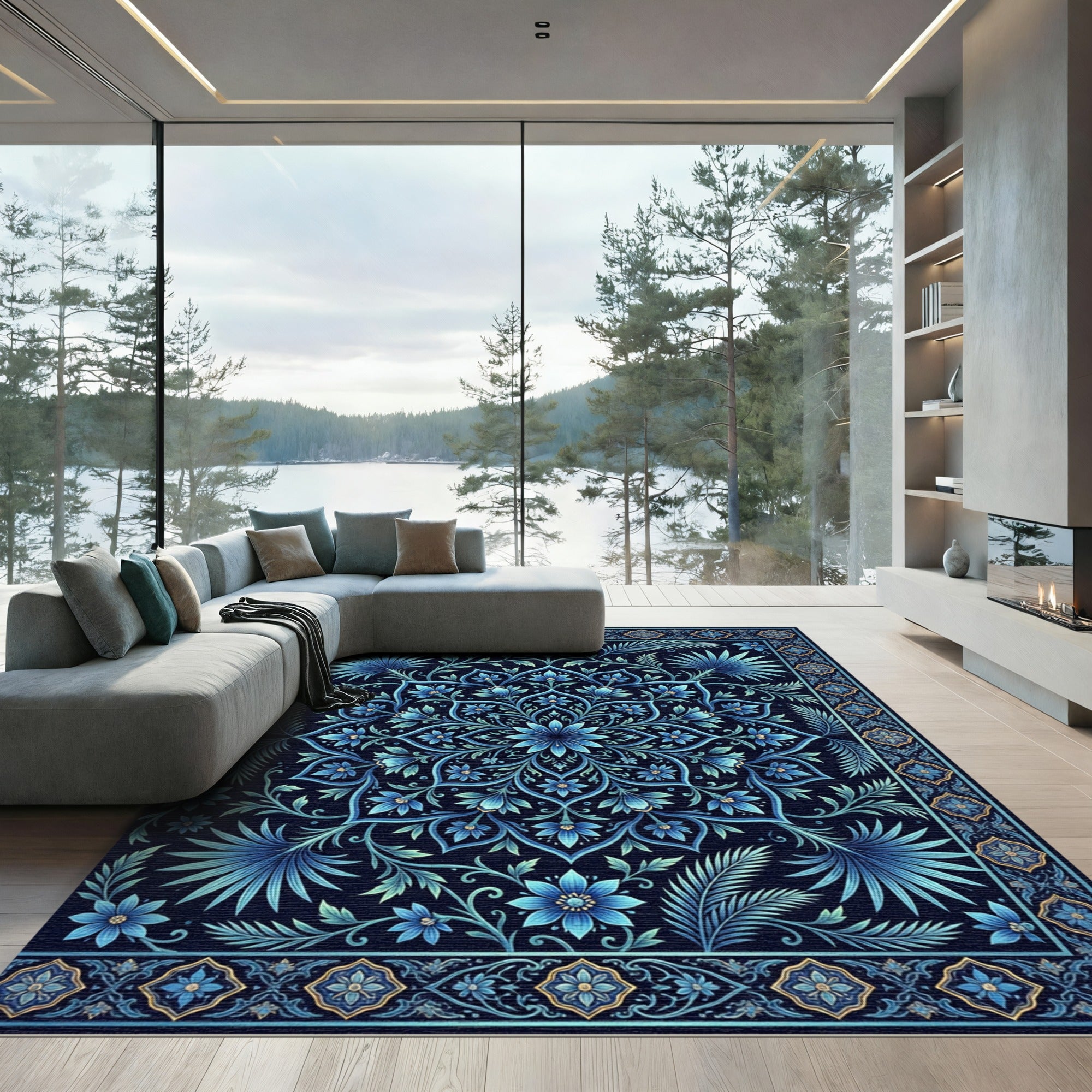 Elegant Indigo Floral Mandala Medallion Rug
