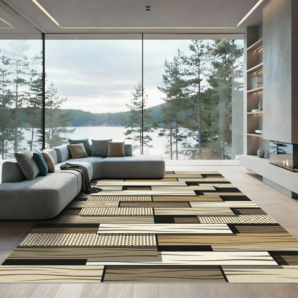 Neutral Wood Plank Patchwork Texture Rug