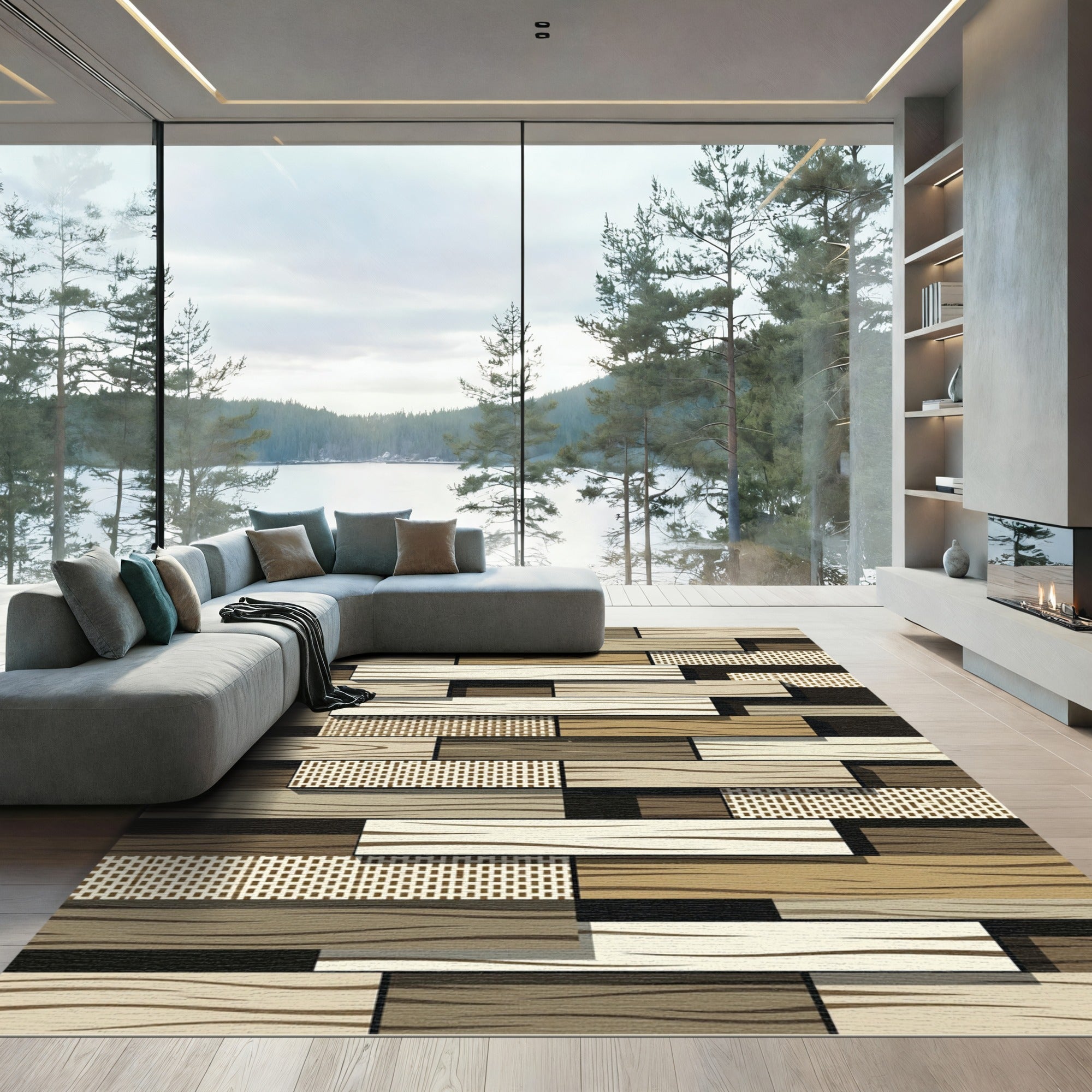 Neutral Wood Plank Patchwork Texture Rug