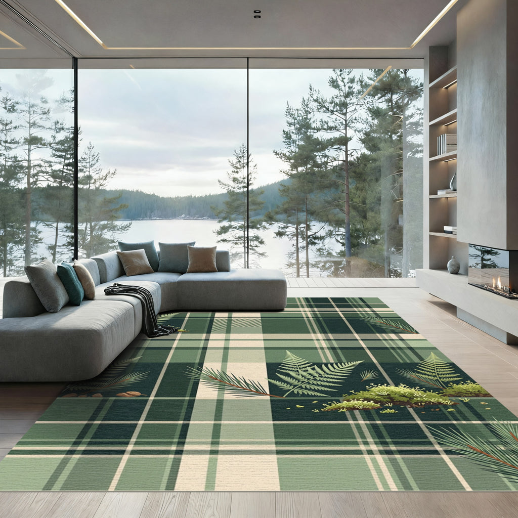 Forest Green Plaid Fern Branches Rug