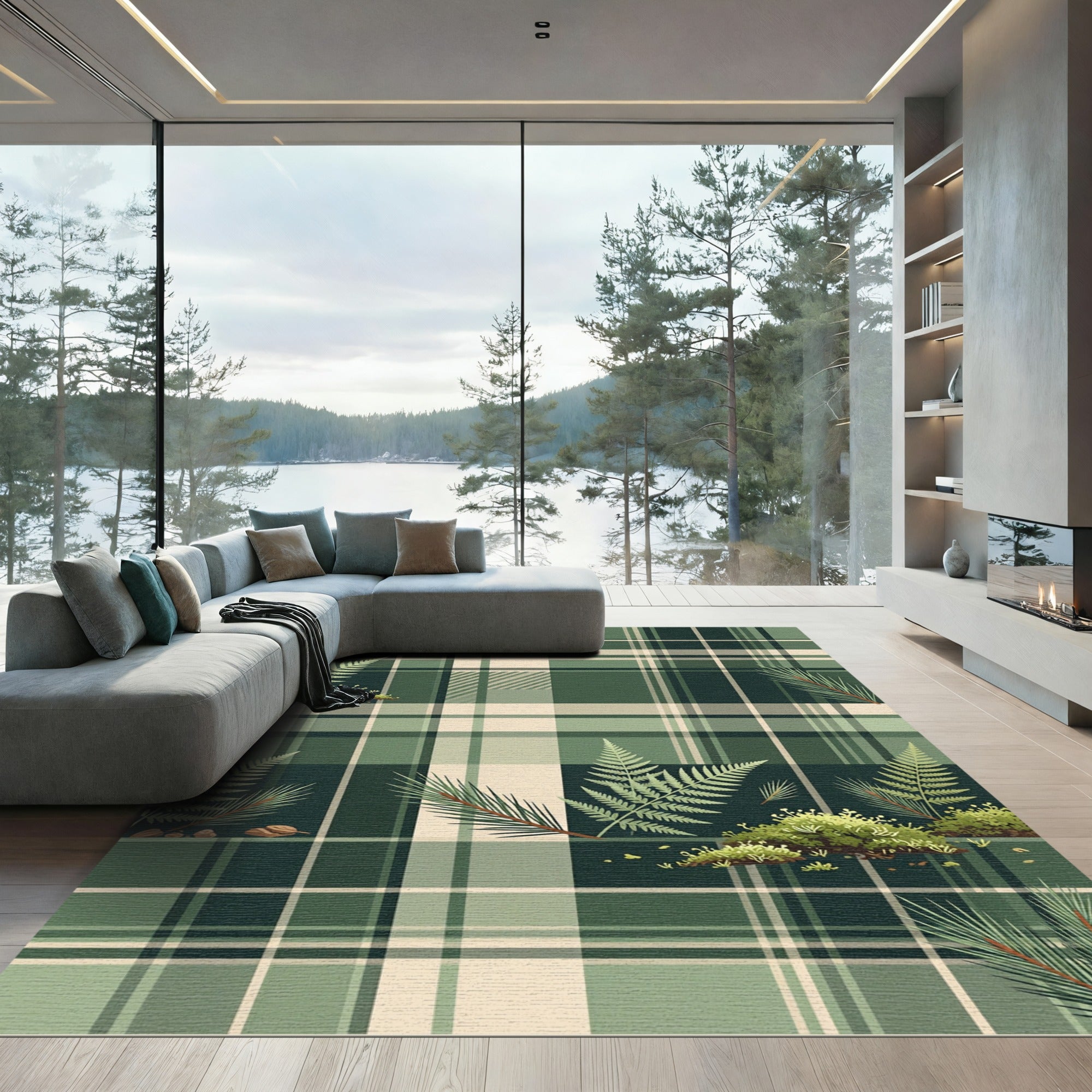 Forest Green Plaid Fern Branches Rug