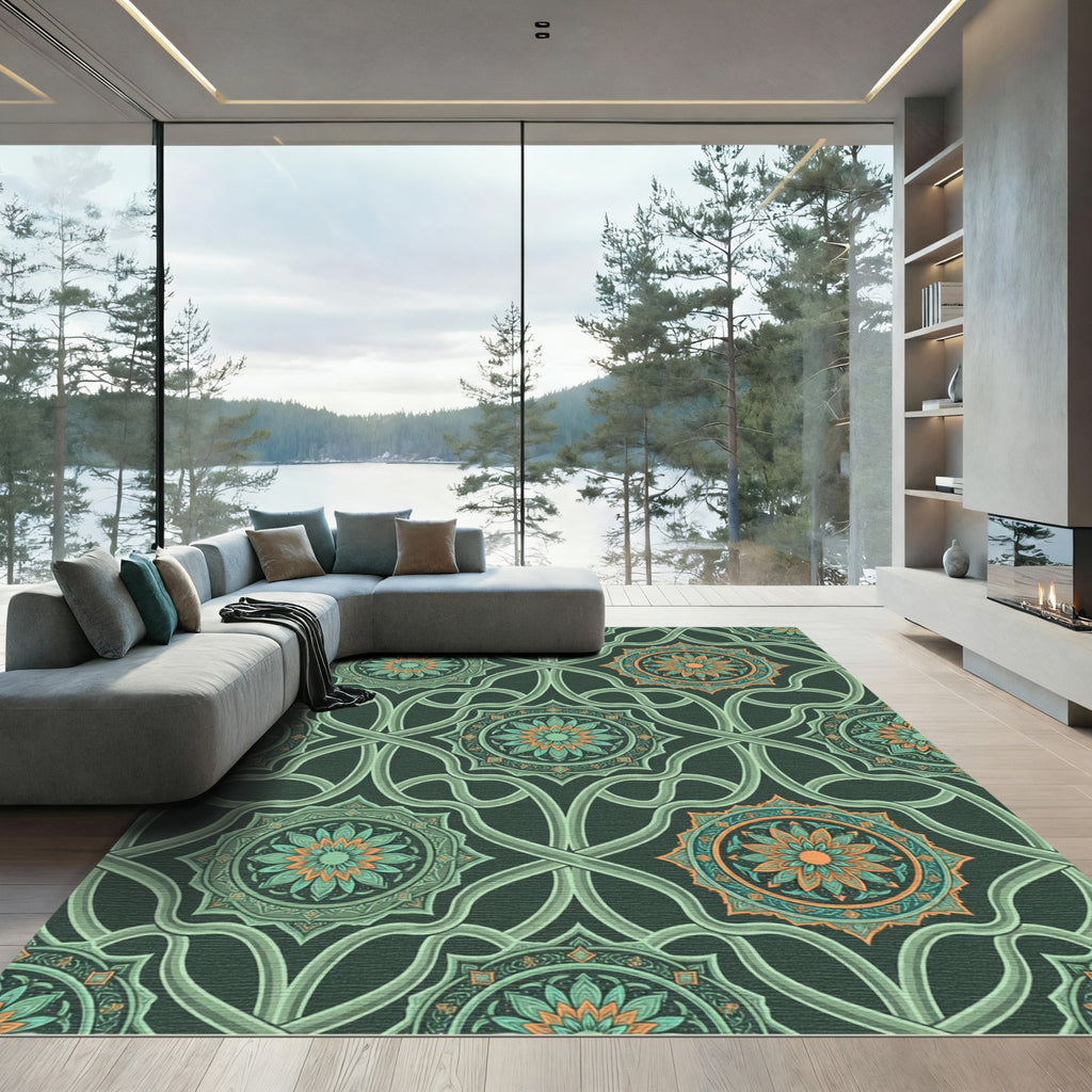 Emerald Botanical Medallion Interlocking Scroll Rug
