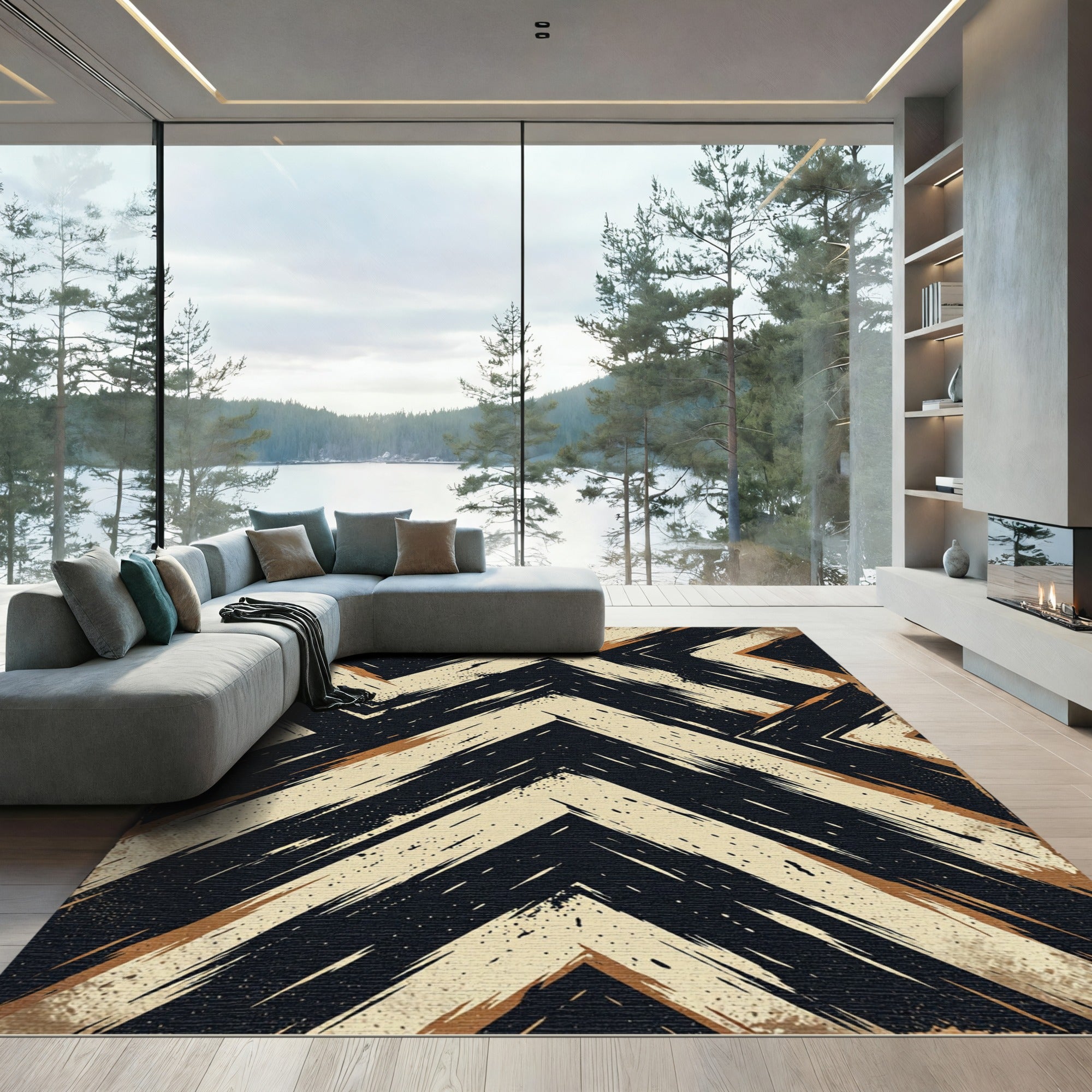 Abstract Black and Beige Chevron Rug