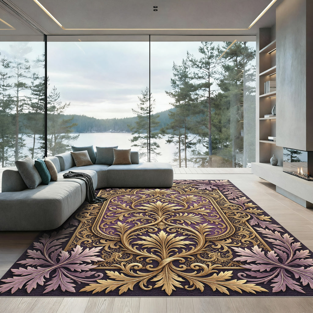 Ornate Gold Leaf Purple Scrolling Rug
