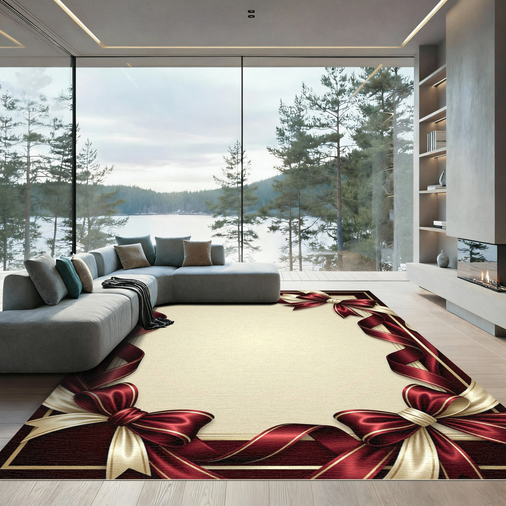 Elegant Burgundy Ribbon Border Frame Rug