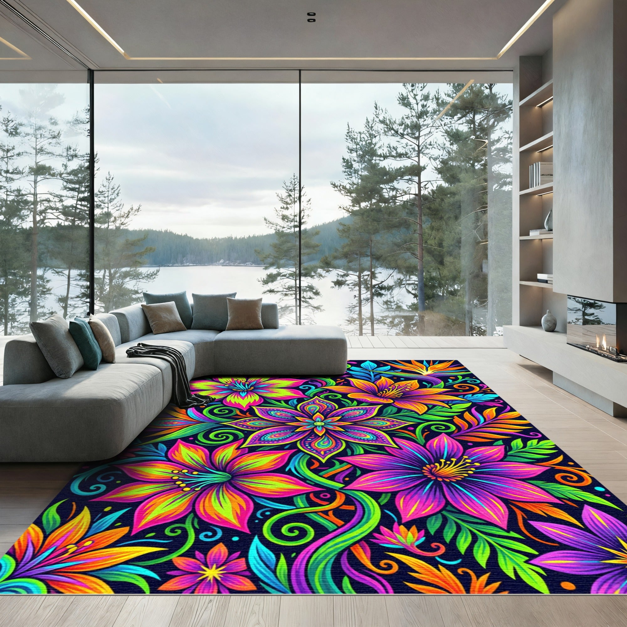 Vibrant Neon Tropical Floral Jungle Art Rug