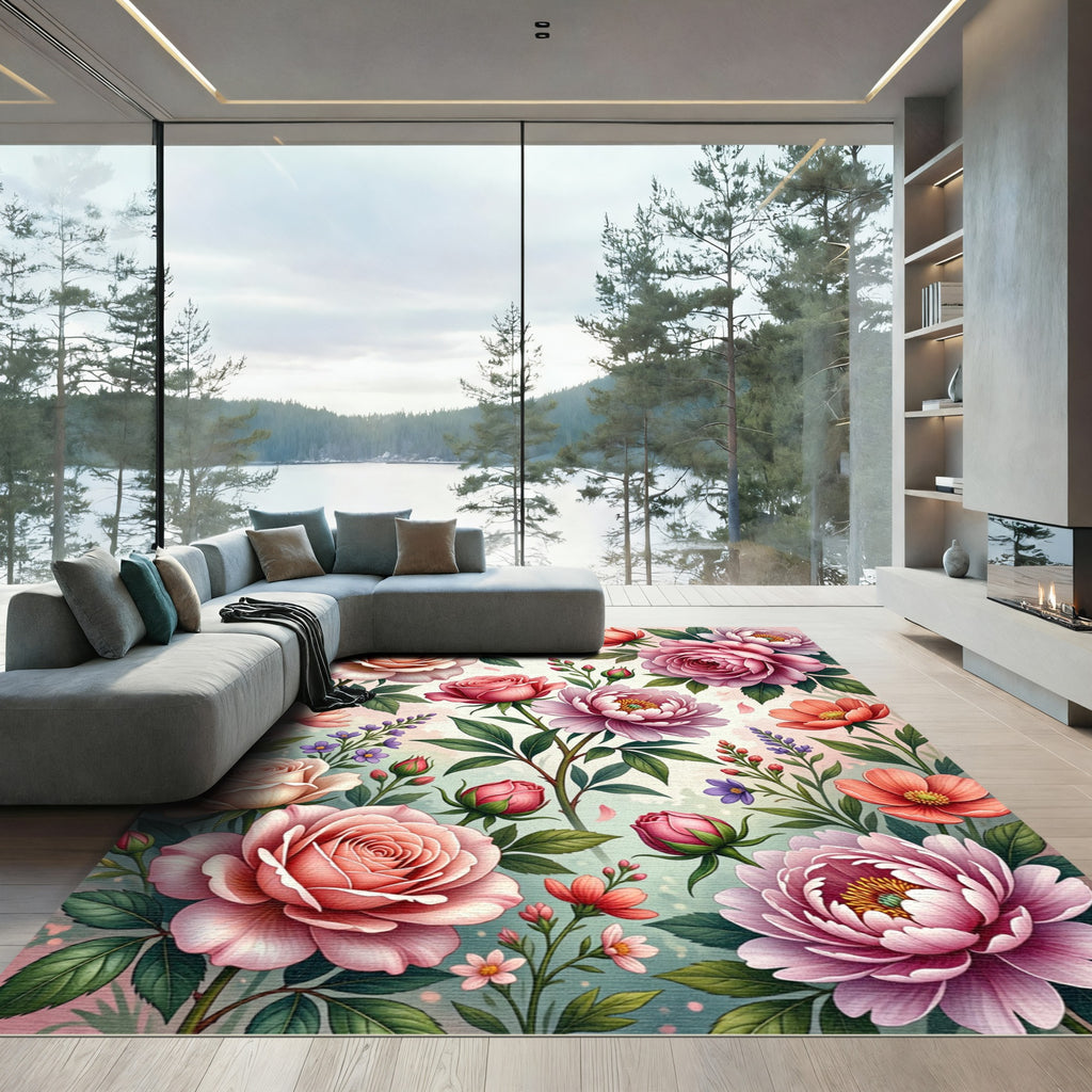 Vintage Romantic Pink Floral Garden Rug