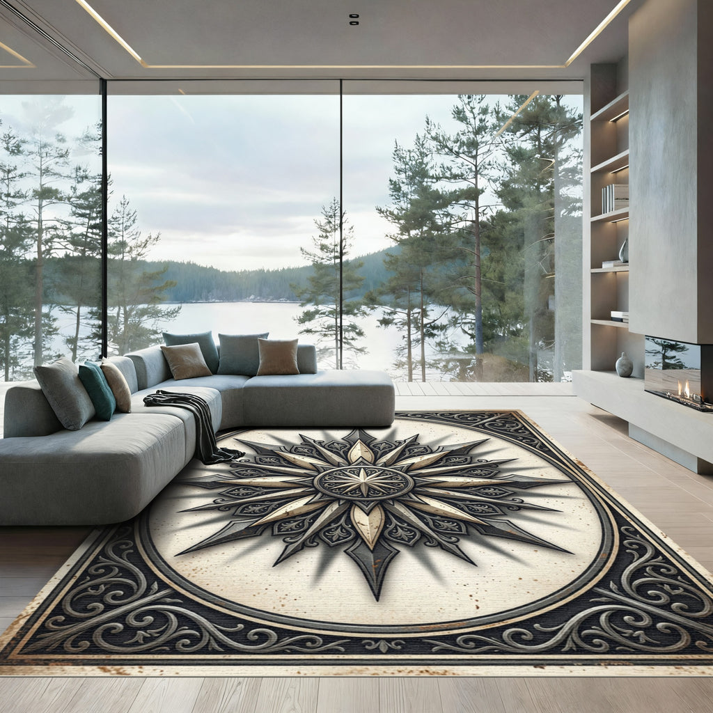 Gothic Champagne Ornate Compass Medallion Rug