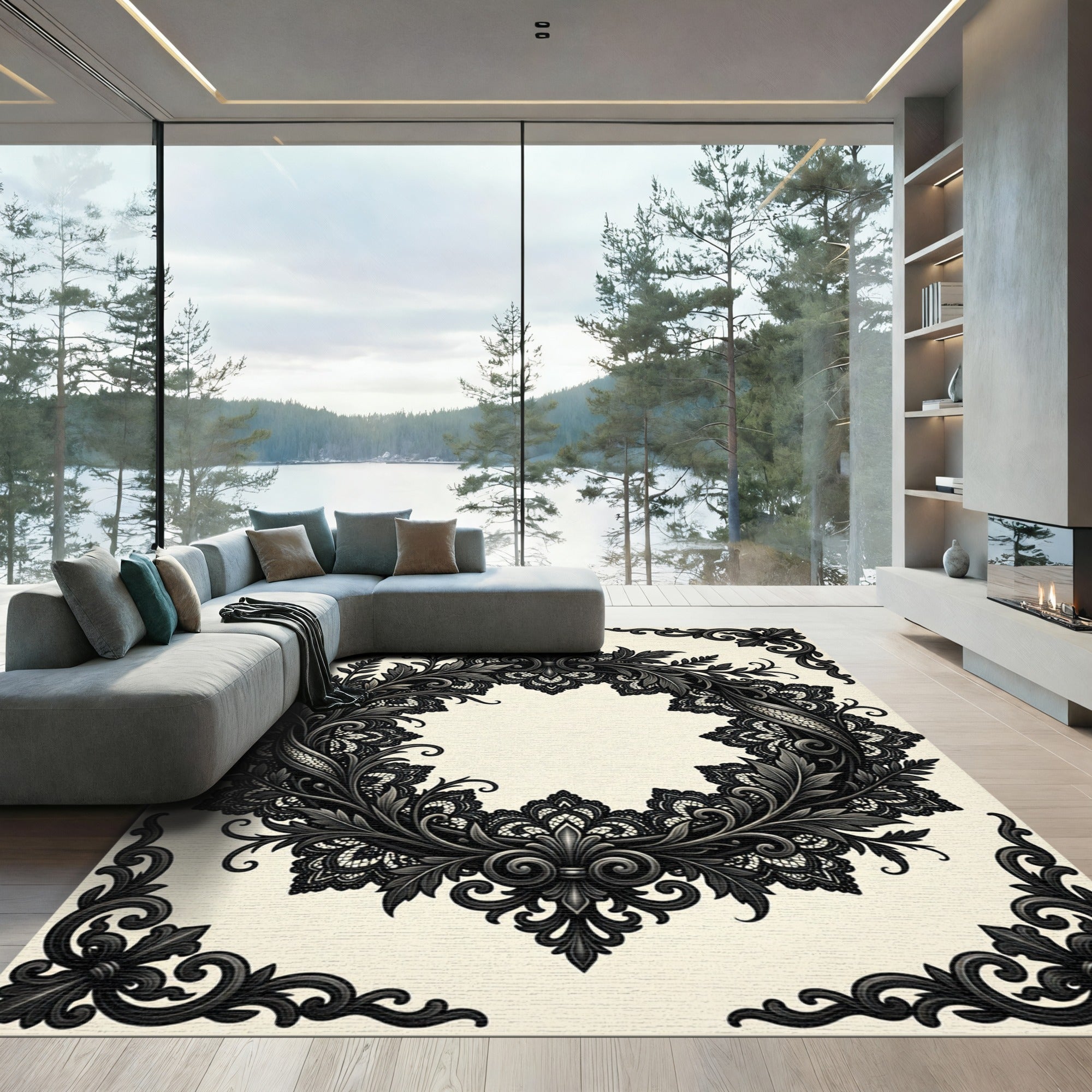 Elegant Ornate Black Lace Wreath Rug