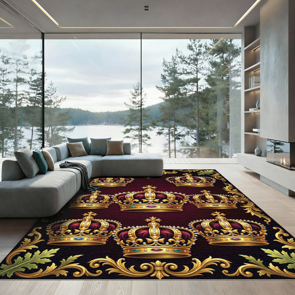 Regal Gold Jeweled Crown Motif Rug