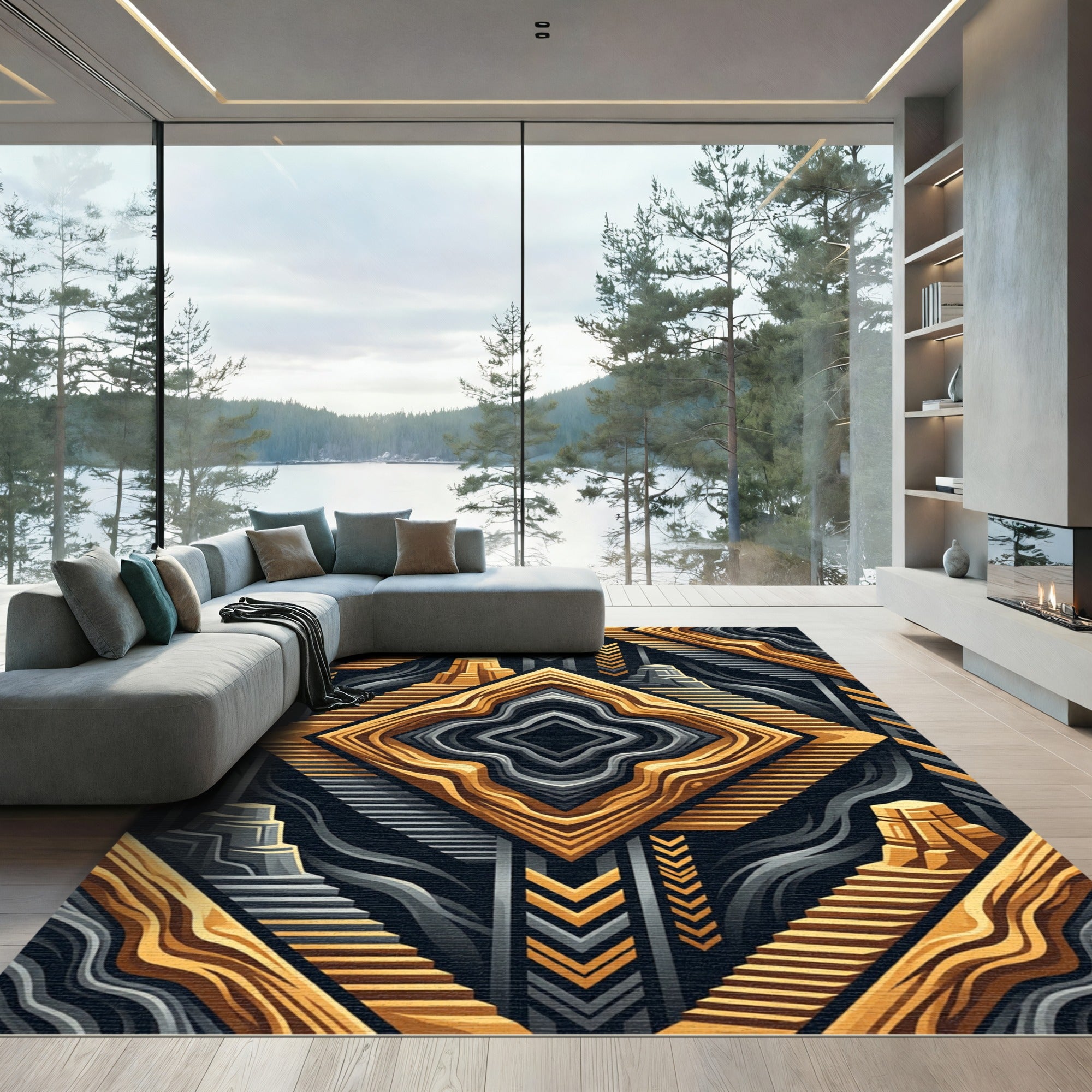 Gold and Slate Geometric Step Abstract Rug