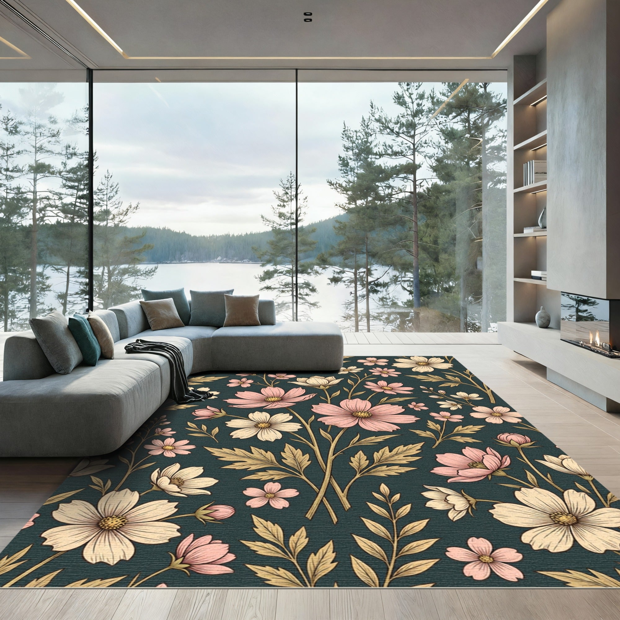 Vintage Pastel Floral Dark Botanical Rug