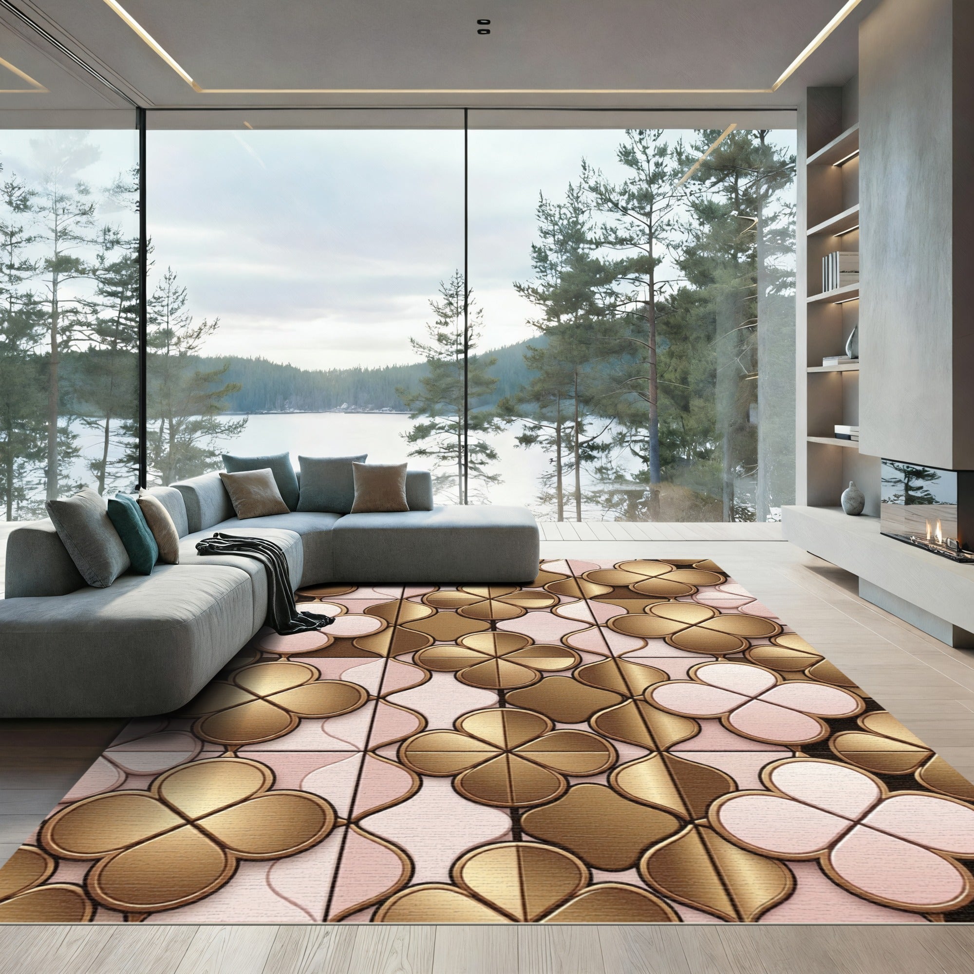 Gold and Blush Clover Tile Rug