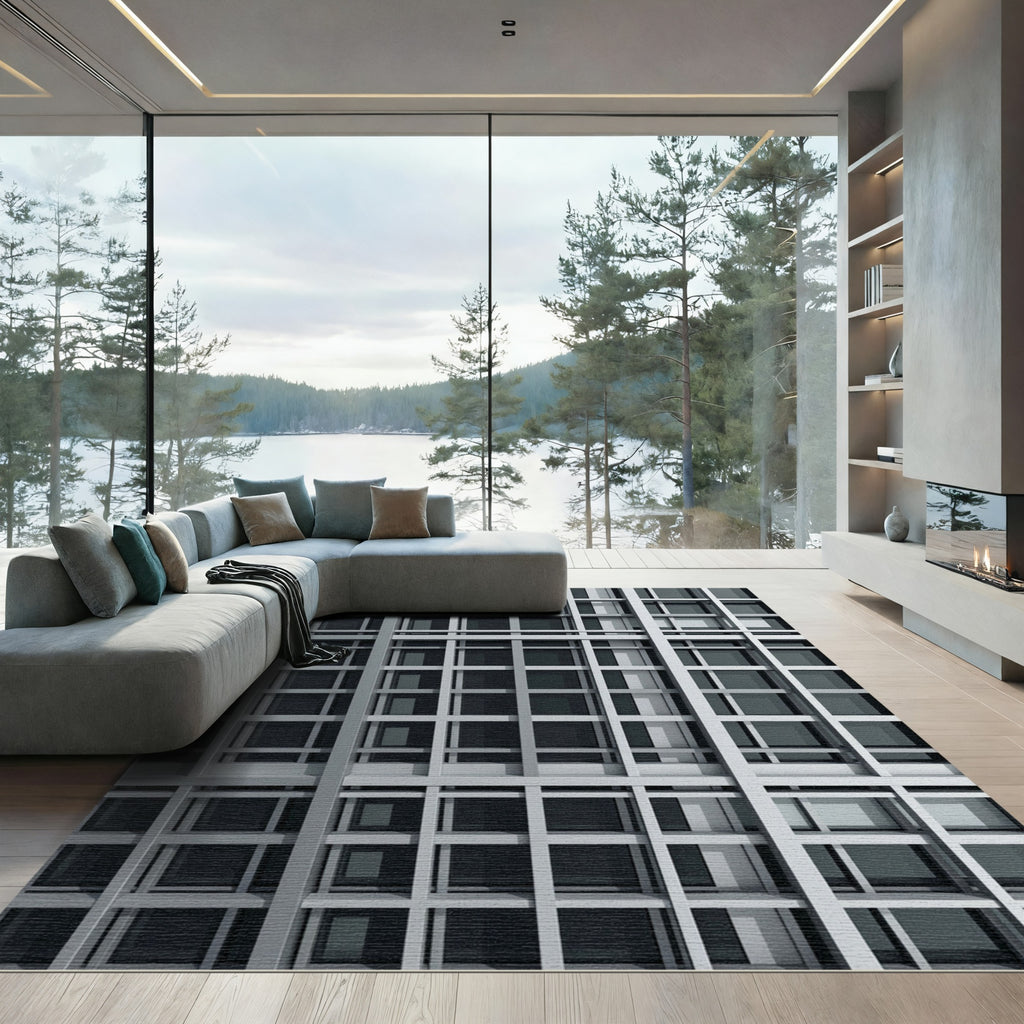Modern Monochrome Grid Architectural Sculpture Rug