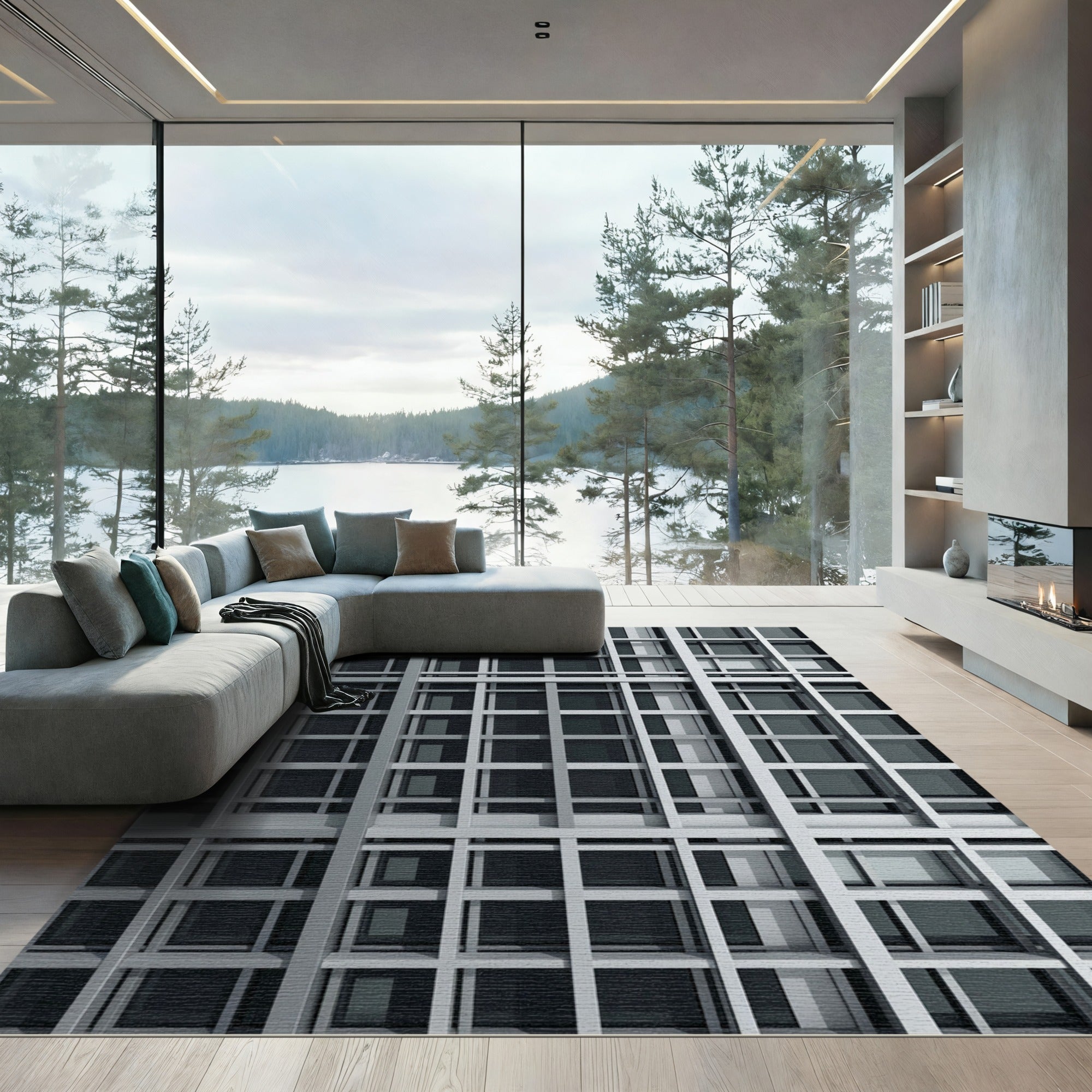 Modern Monochrome Grid Architectural Sculpture Rug