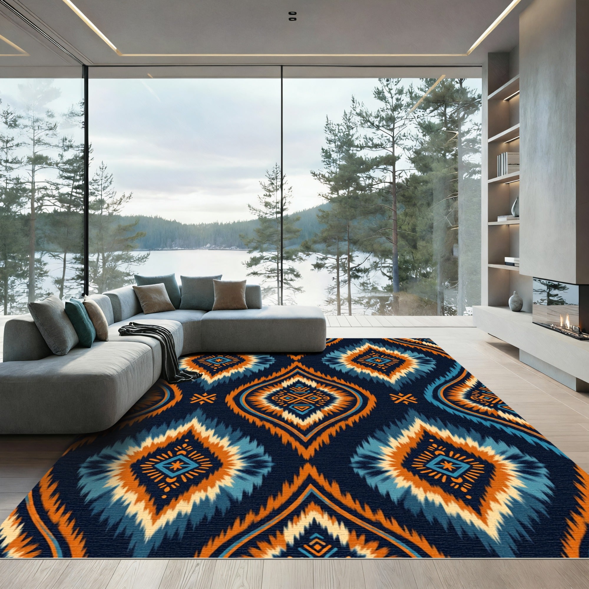 Vibrant Blue Orange Ikat Diamond Rug
