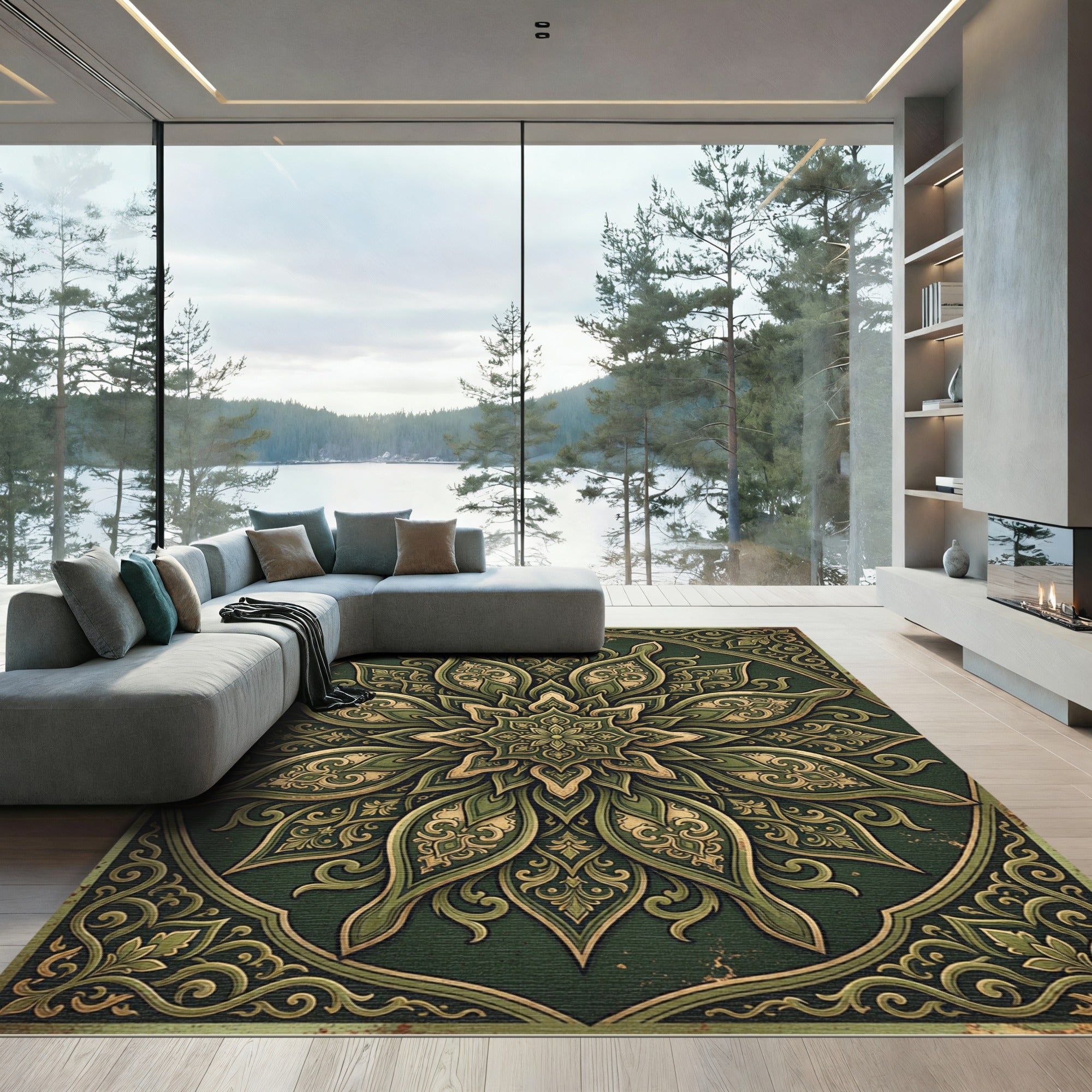Emerald Ornate Floral Mandala Scroll Rug