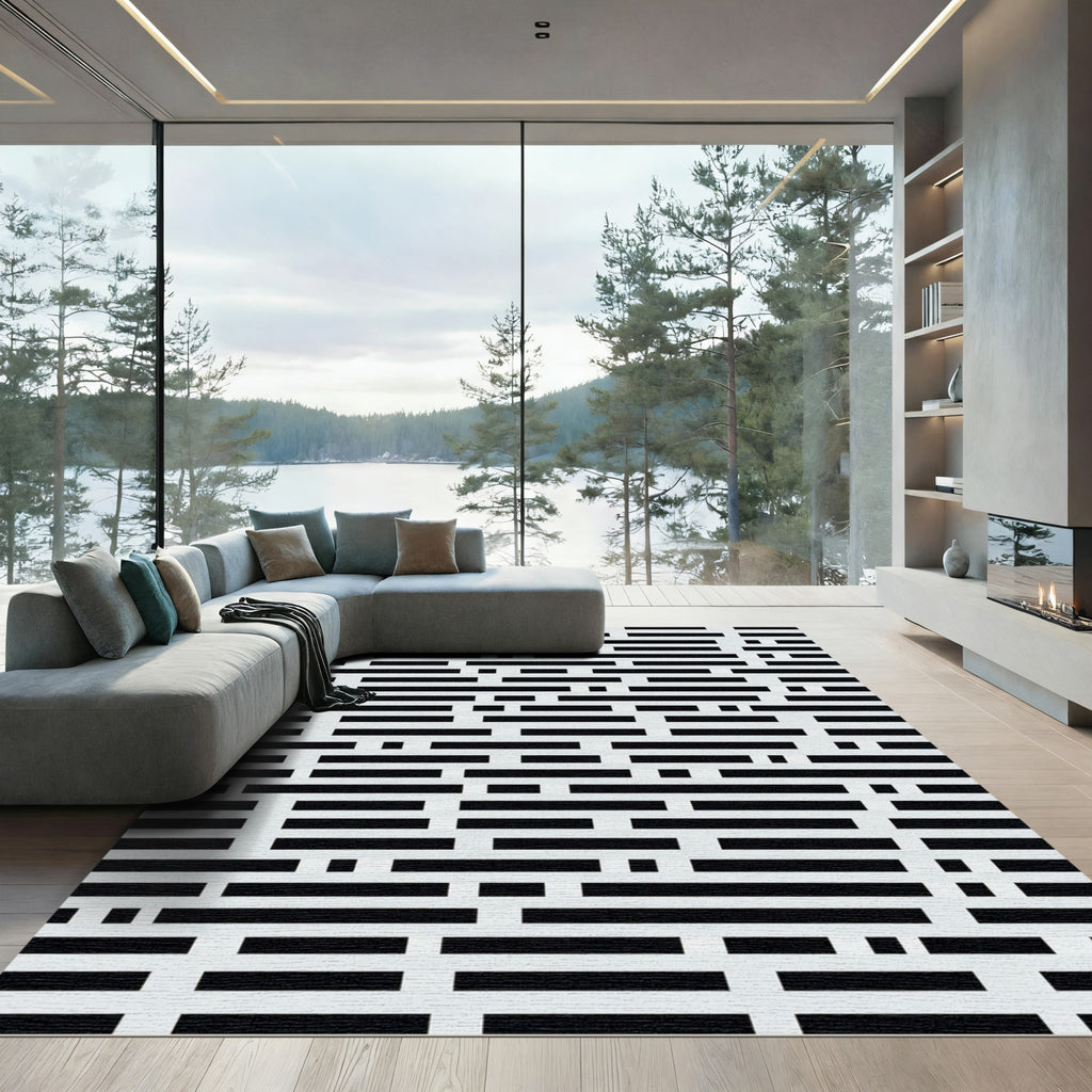 Black White Irregular Stripe Maze Rug