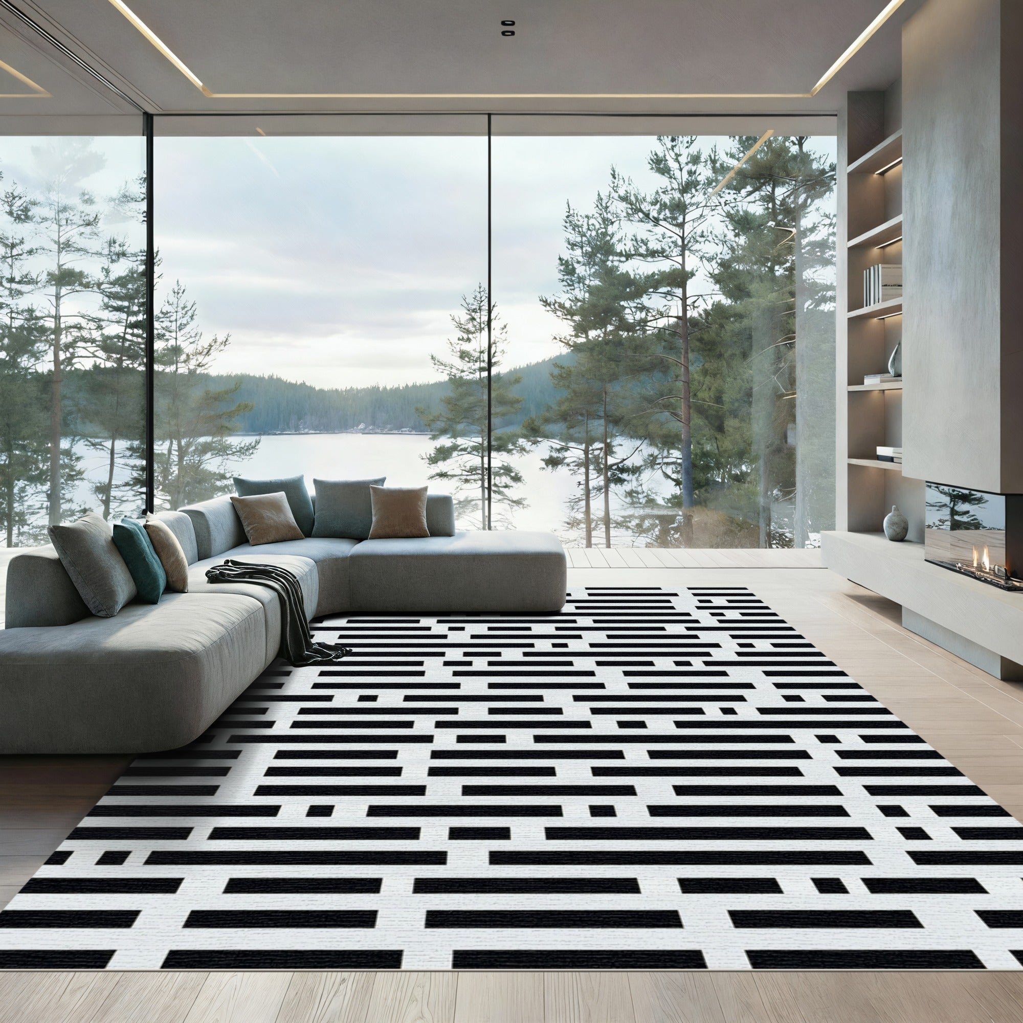 Black White Irregular Stripe Maze Rug