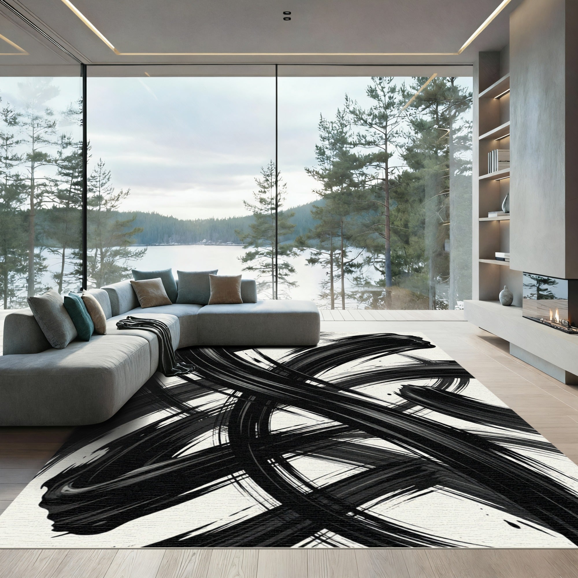 Bold Monochrome Abstract Black Brushstroke Rug