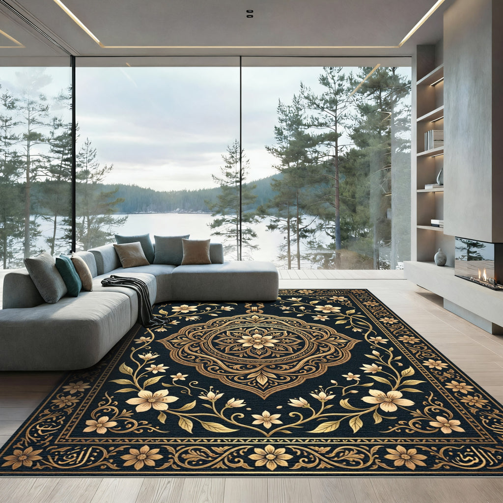 Elegant Golden Floral Medallion Black Rug