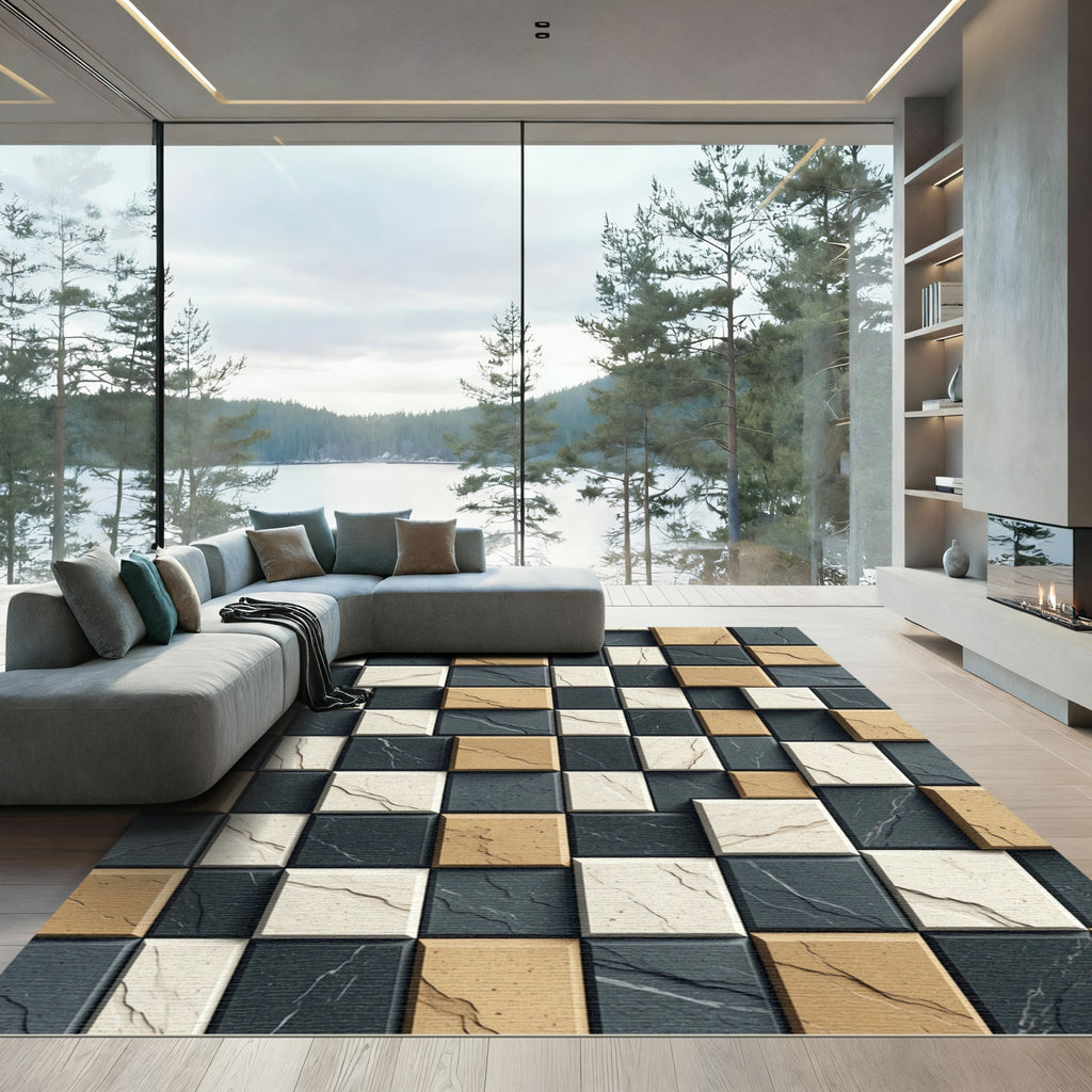 Three Tone Cracked Stone Tile Rug