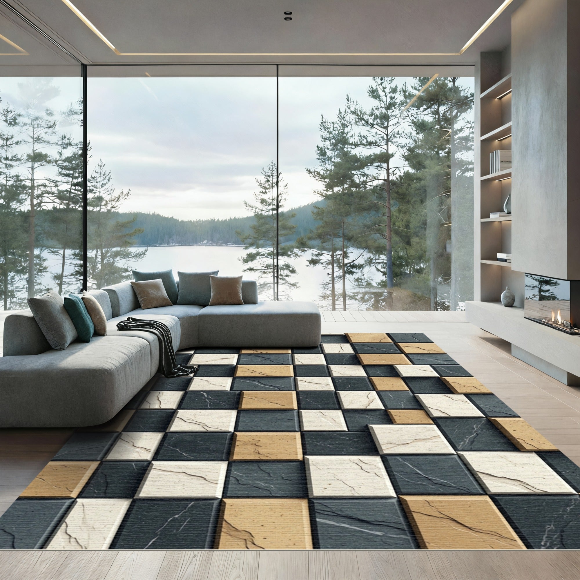 Three Tone Cracked Stone Tile Rug