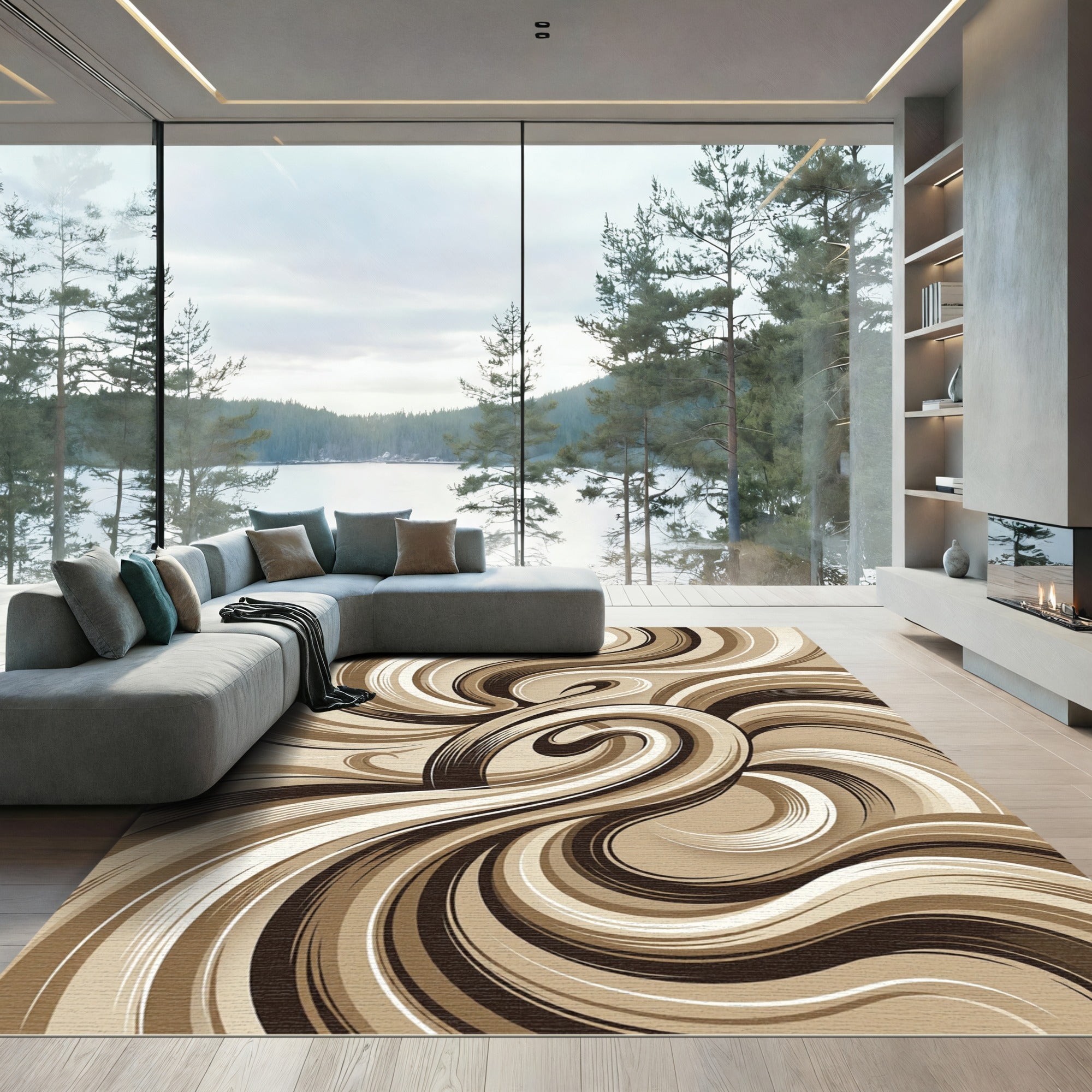 Brown Cream Swirl Abstract Ribbon Rug