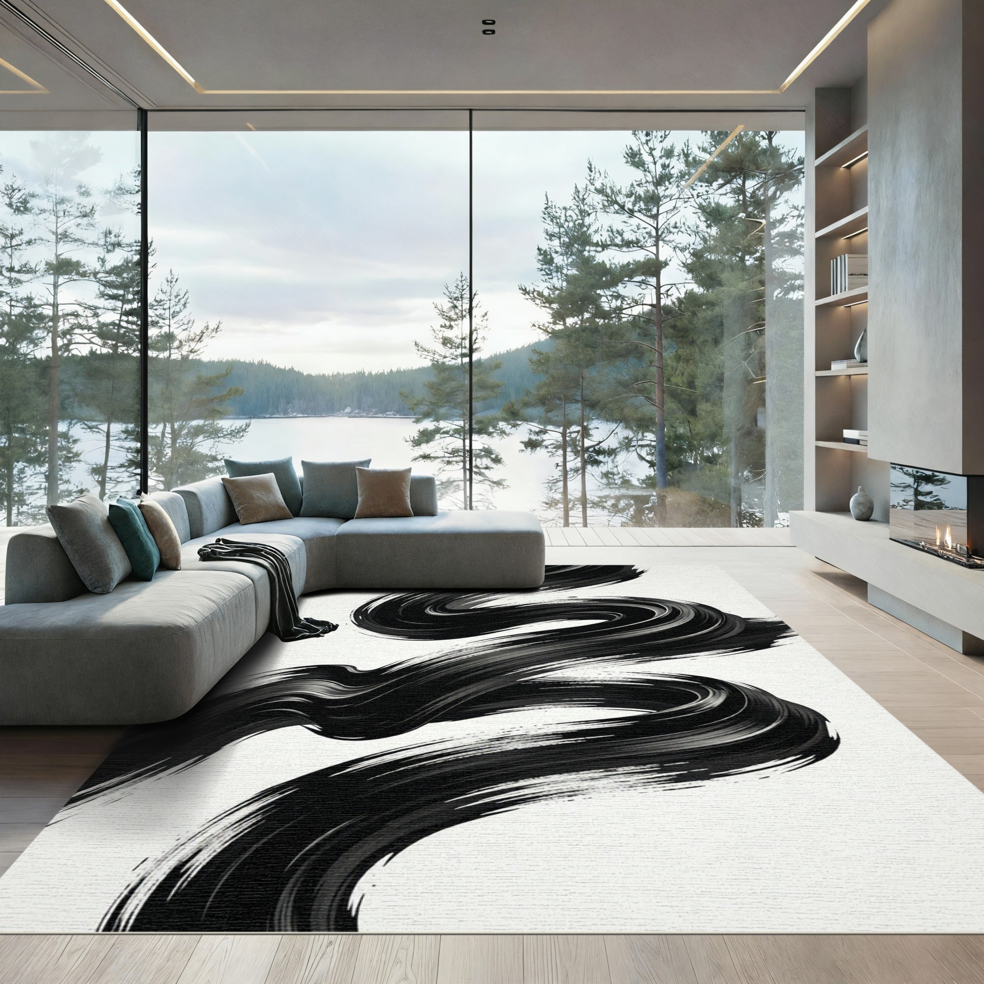 Bold Black Brushstroke Swirl Rug
