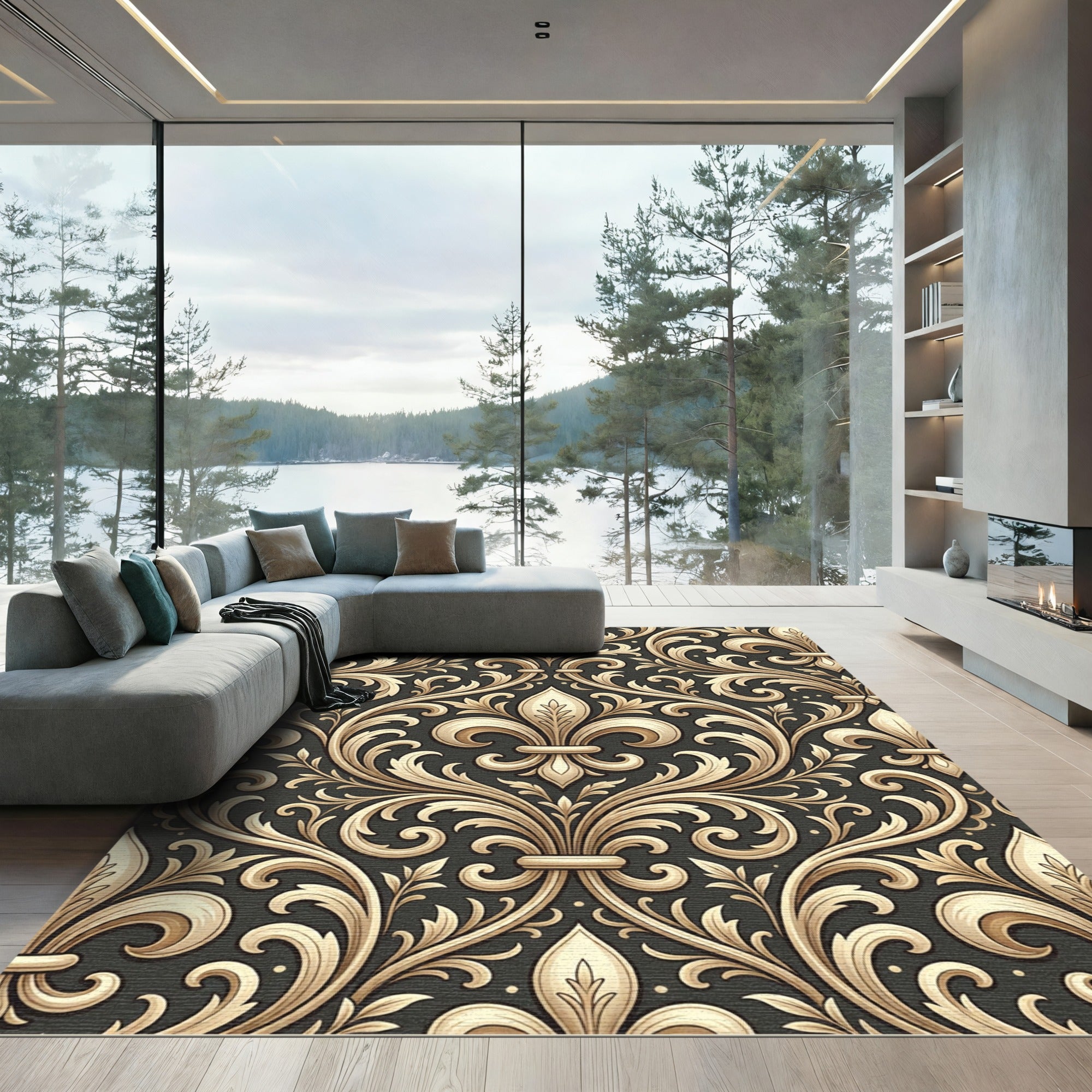 Elegant Gold Fleur de Lis Damask Rug