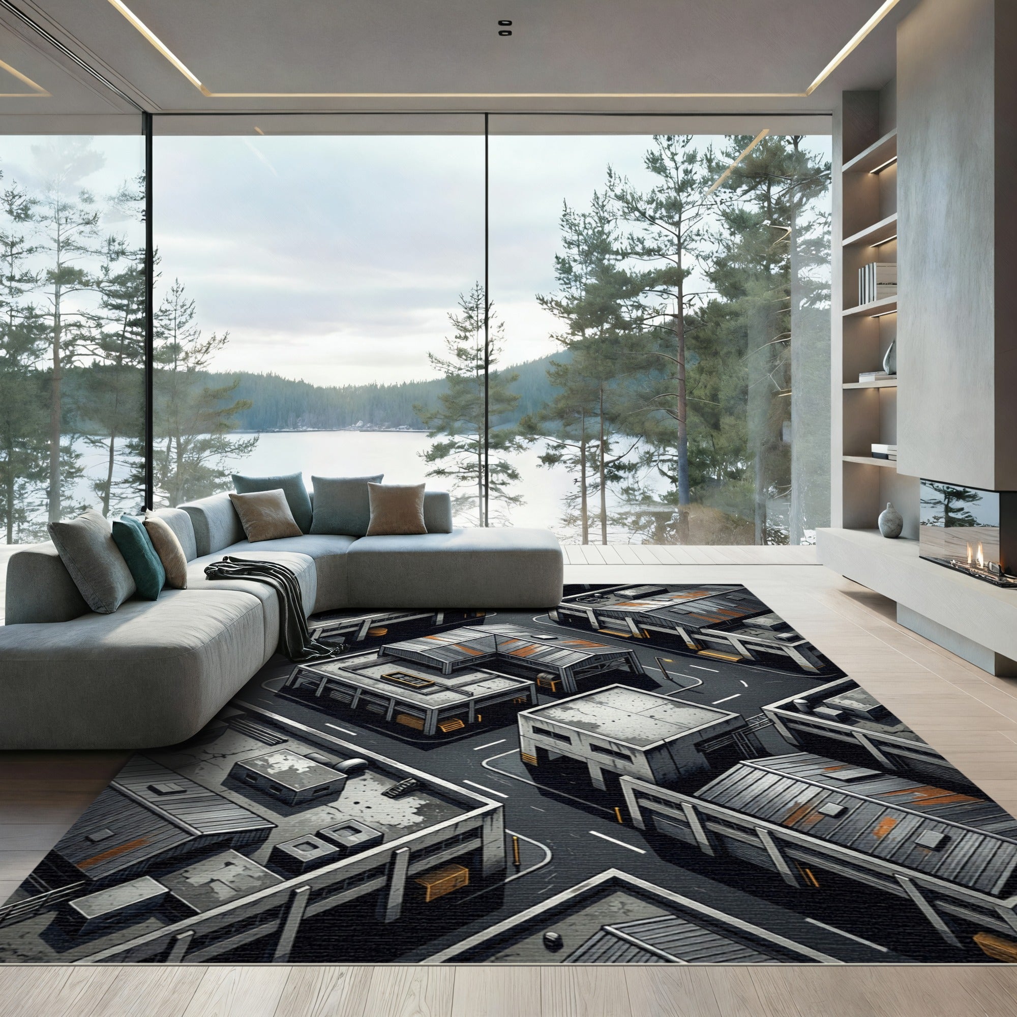 Industrial Cityscape Isometric Aerial View Rug