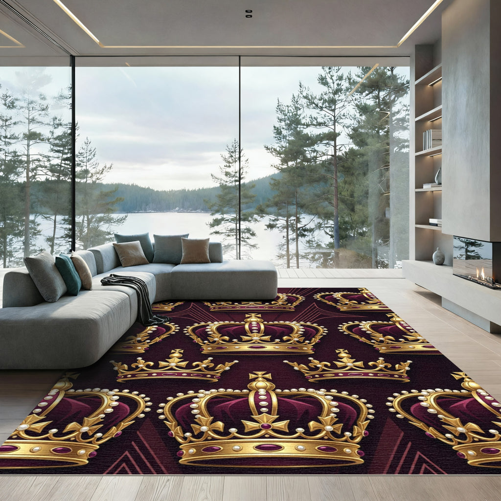 Regal Gold Crown Burgundy Damask Rug